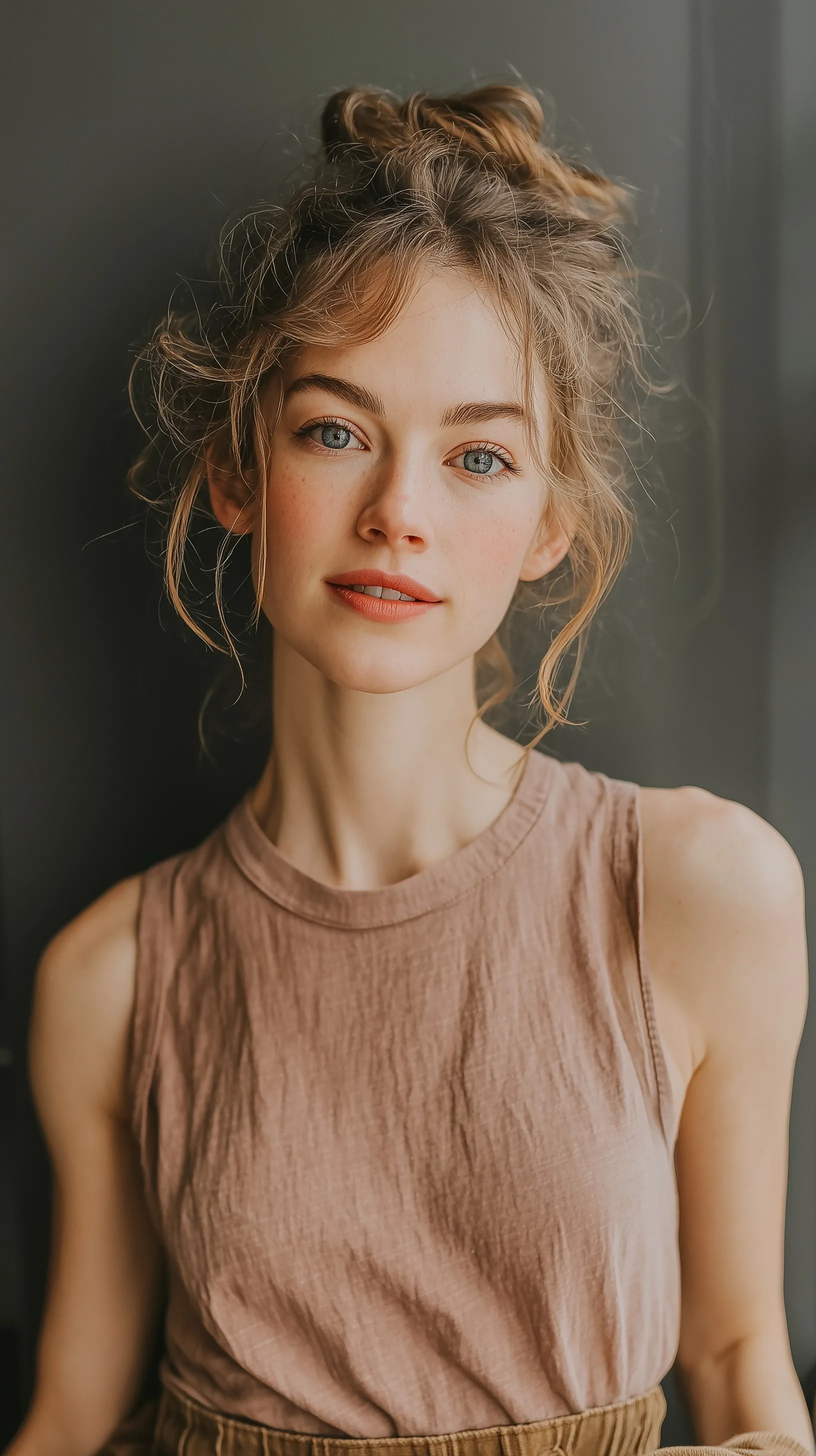 A young woman with an effortless messy bun hairstyle, featuring natural skin texture and an energetic, modern look.