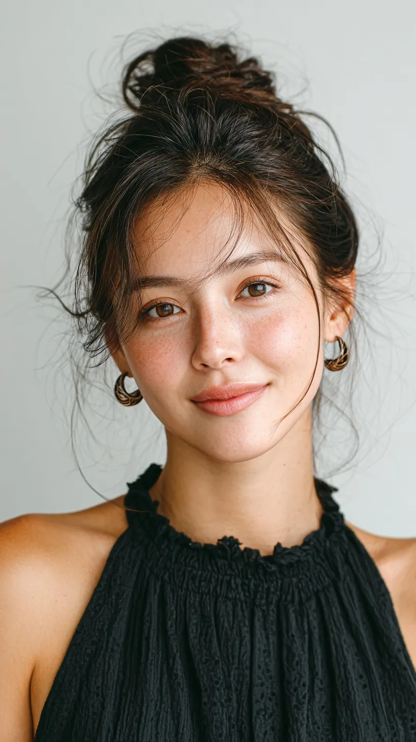 A beautiful 24-year-old Asian woman with luminous skin and a graceful messy bun hairstyle.
