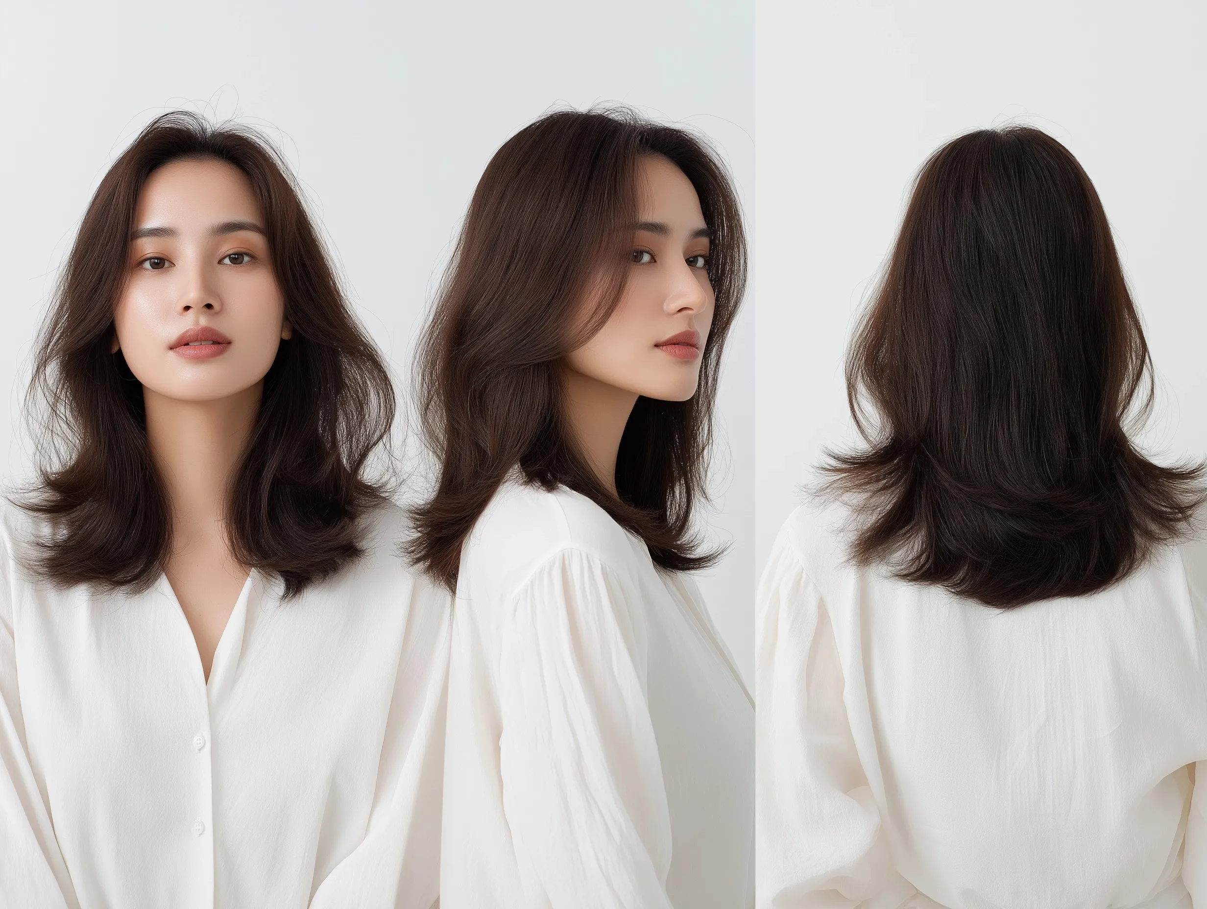 Korean woman with a natural mid-length haircut shown from front, side, and back views on a clean white background.