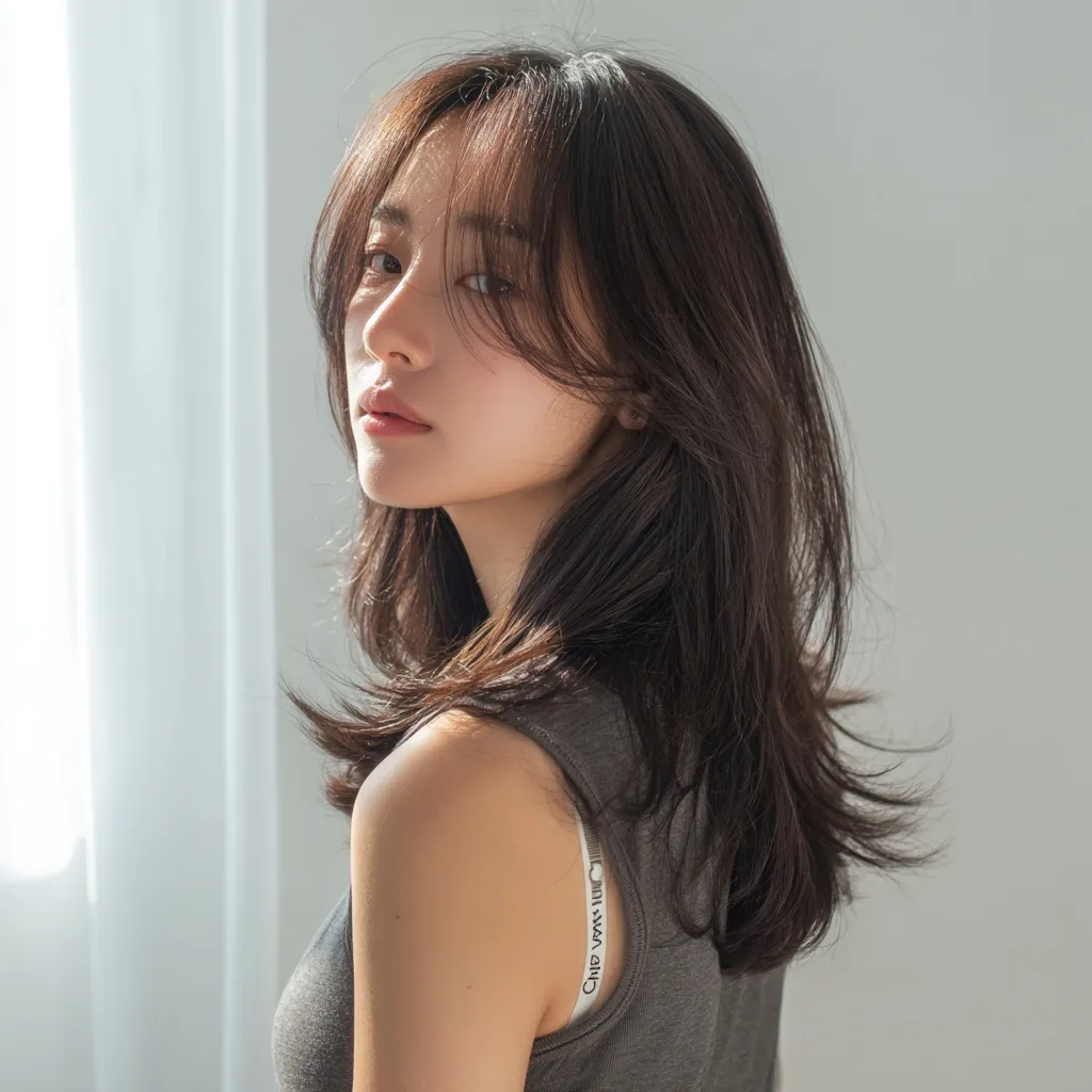A young Korean woman with straight, layered mid-length hair and wispy texture posing in a gray sleeveless top.