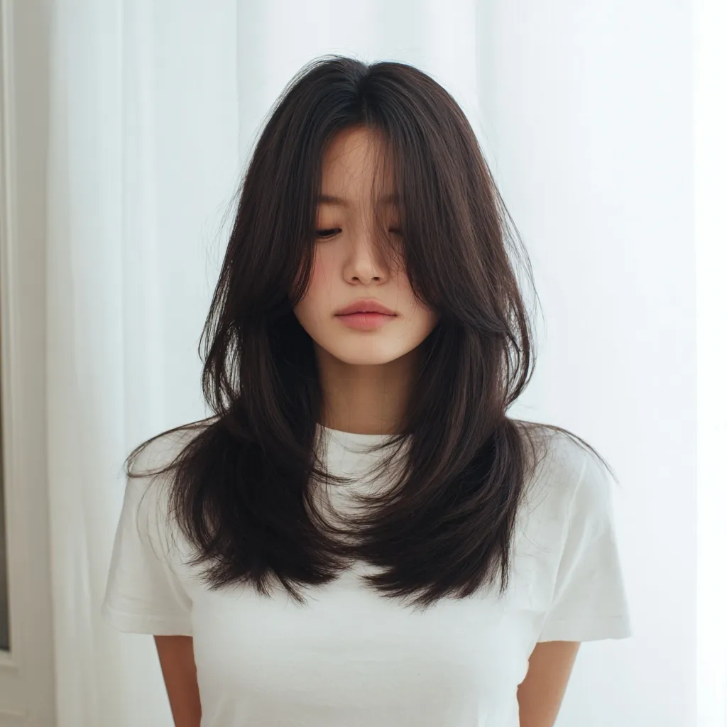 A calm Korean woman with sleek, straight medium-length layered hair and wispy ends against a white curtain background.