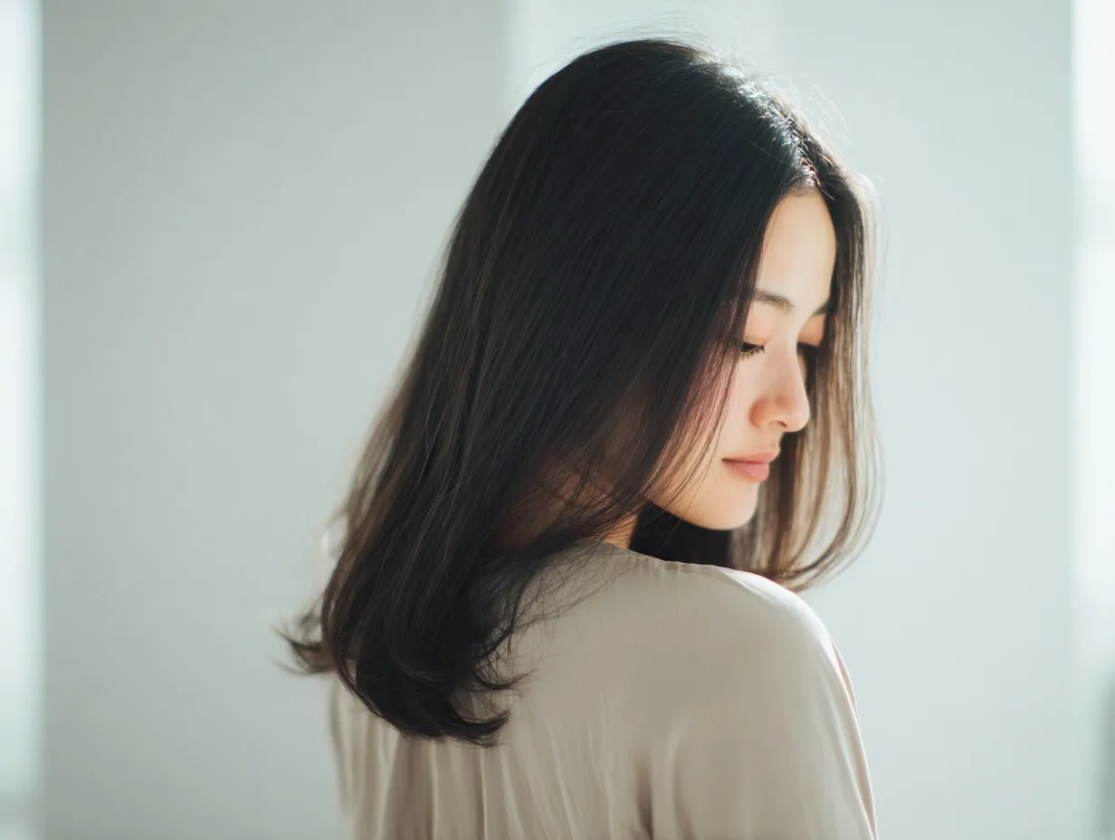 A Japanese woman with a glossy, mid-length straight hairstyle, seen from a side angle in a bright, modern interior.