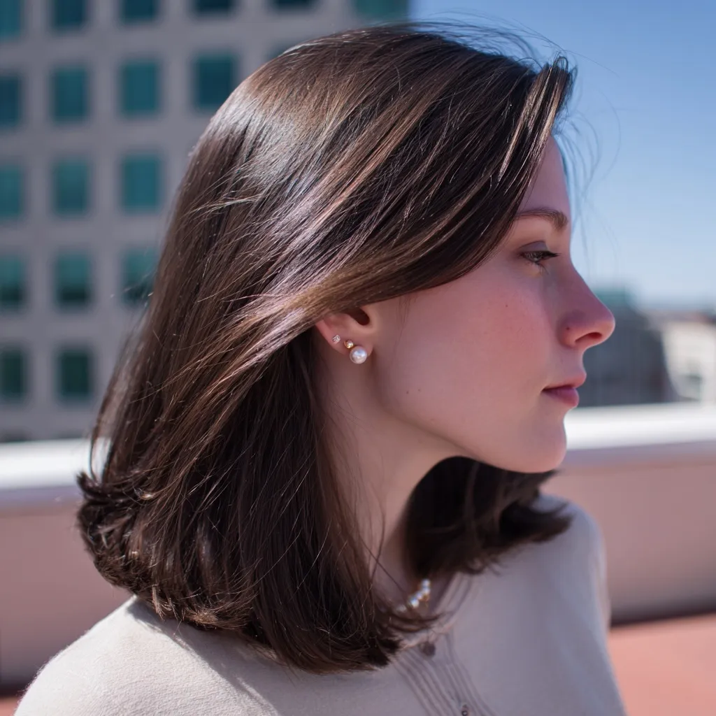 A woman with shoulder-grazing, straight dark brown hair, side part, and pearl earrings in natural daylight.
