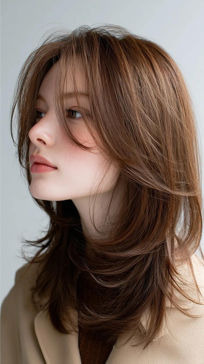 Young Japanese woman with trendy light brown layered mid-length hair, natural airy style for Autumn Winter 2025.