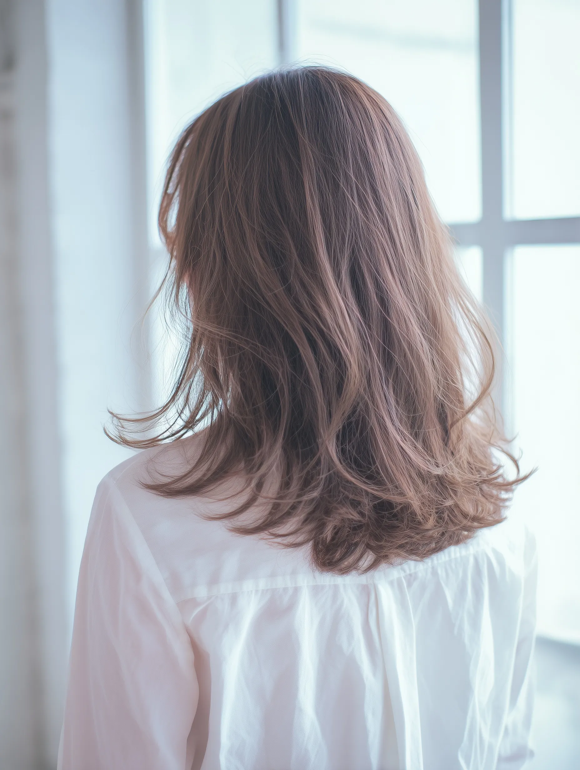 A Japanese girl with a straight, cool-toned blonde mid-length hairstyle, viewed from behind in a bright room.
