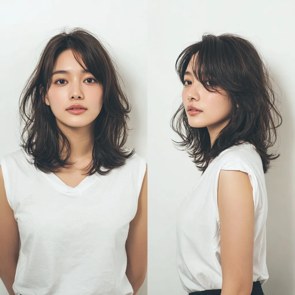 A Japanese woman in her 20s with a trendy mid-length hairstyle, posing against a clean white background.