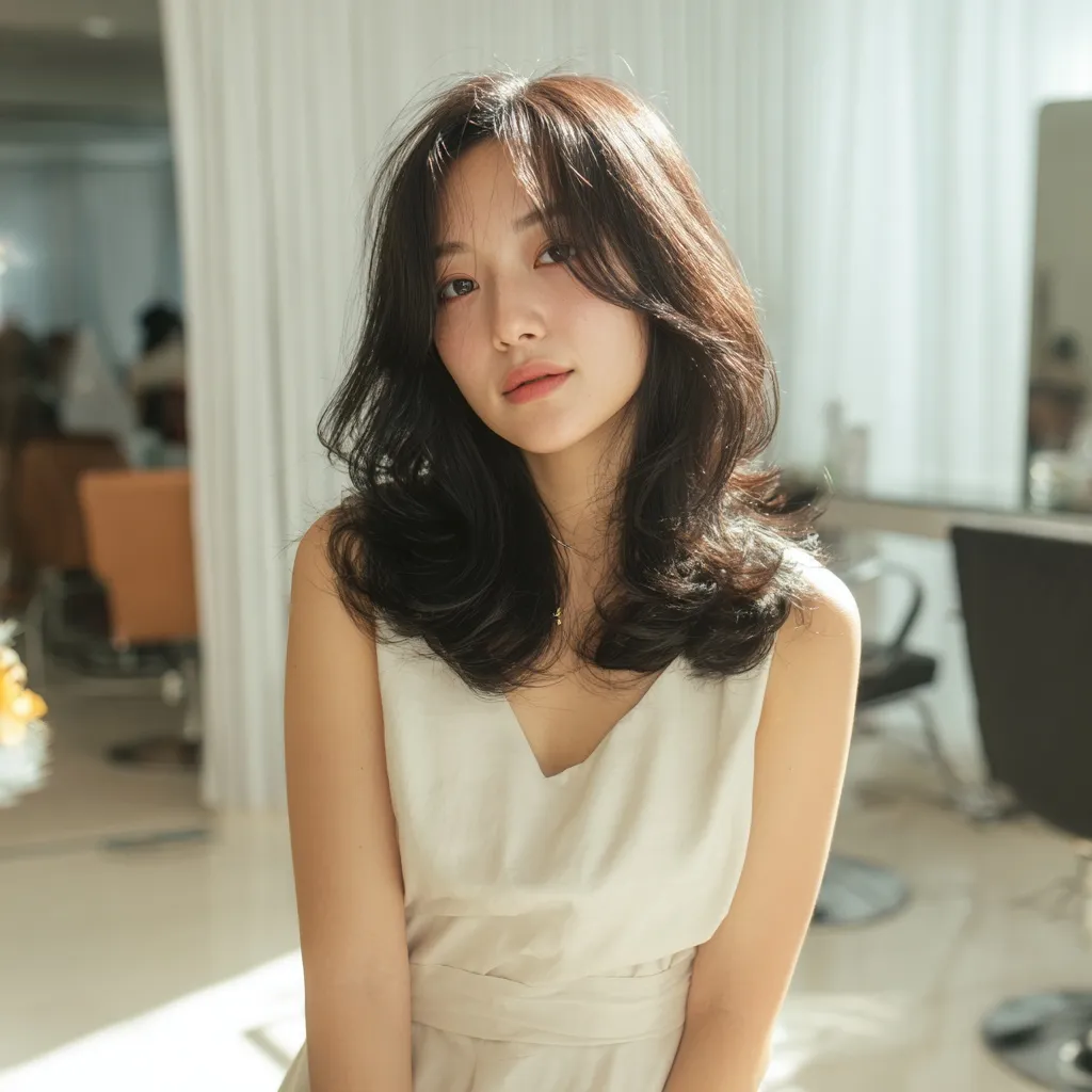 Korean woman in her 30s with a natural layered mid-length haircut and C-curl perm in a bright hair salon setting.