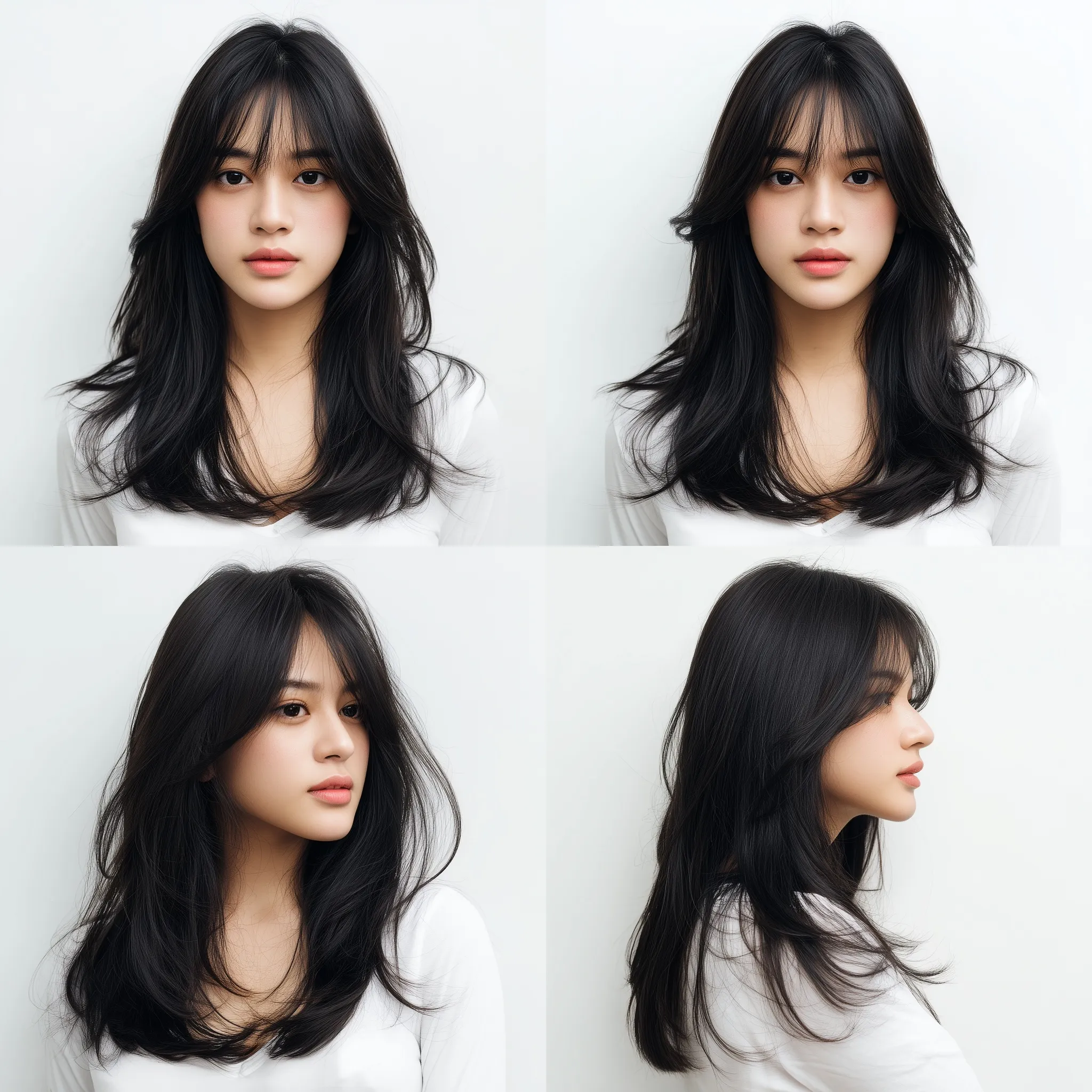 A 4-view portrait collage of a young Thai woman with a fashionable mid-length hairstyle against a white background.