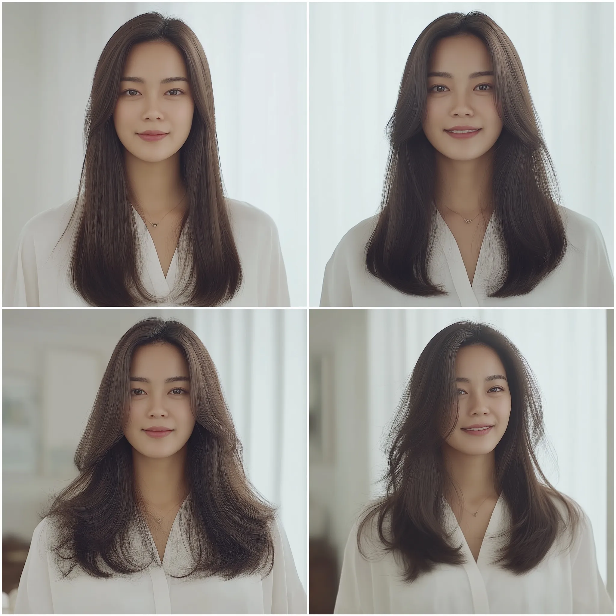 Korean woman before and after long layered haircut transformation in a professional salon studio.