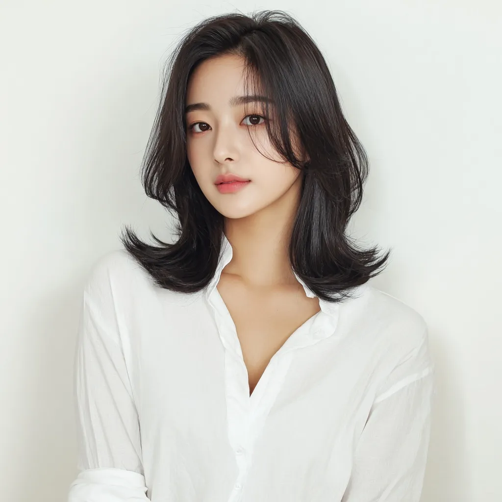 Korean woman with a trendy mid-length layered haircut, styled straight, wearing a crisp white collared shirt.