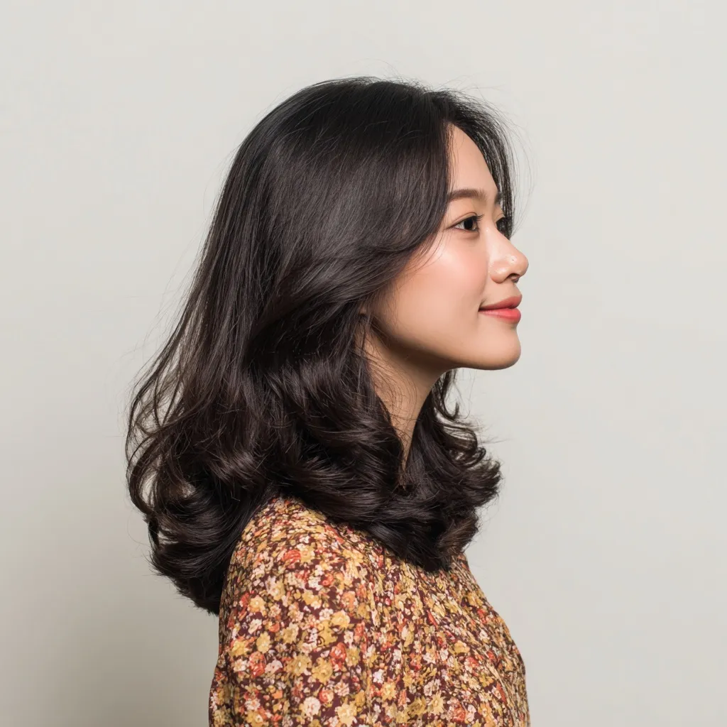 Side profile of a young Singaporean Malay woman in her 20s with stylish mid-length Korean-inspired perm hairstyle.