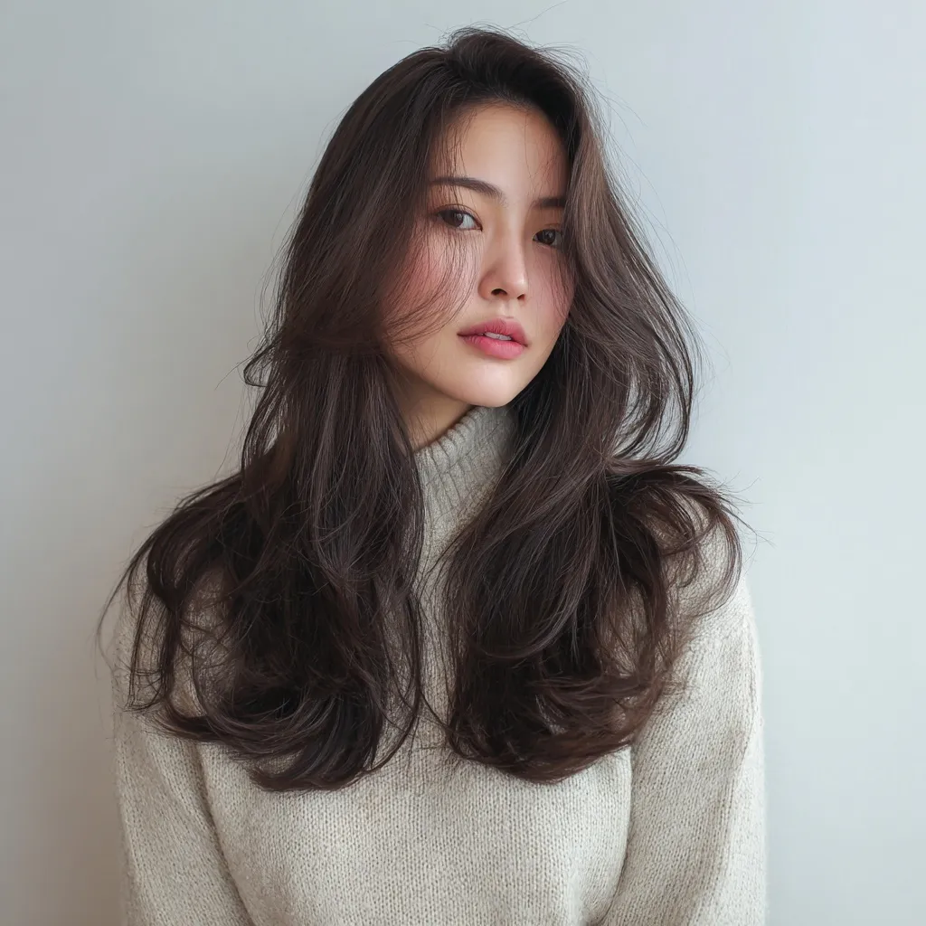 A beautiful young Korean woman with loose curls and milk tea beige hair wearing a thin knit sweater in a salon.