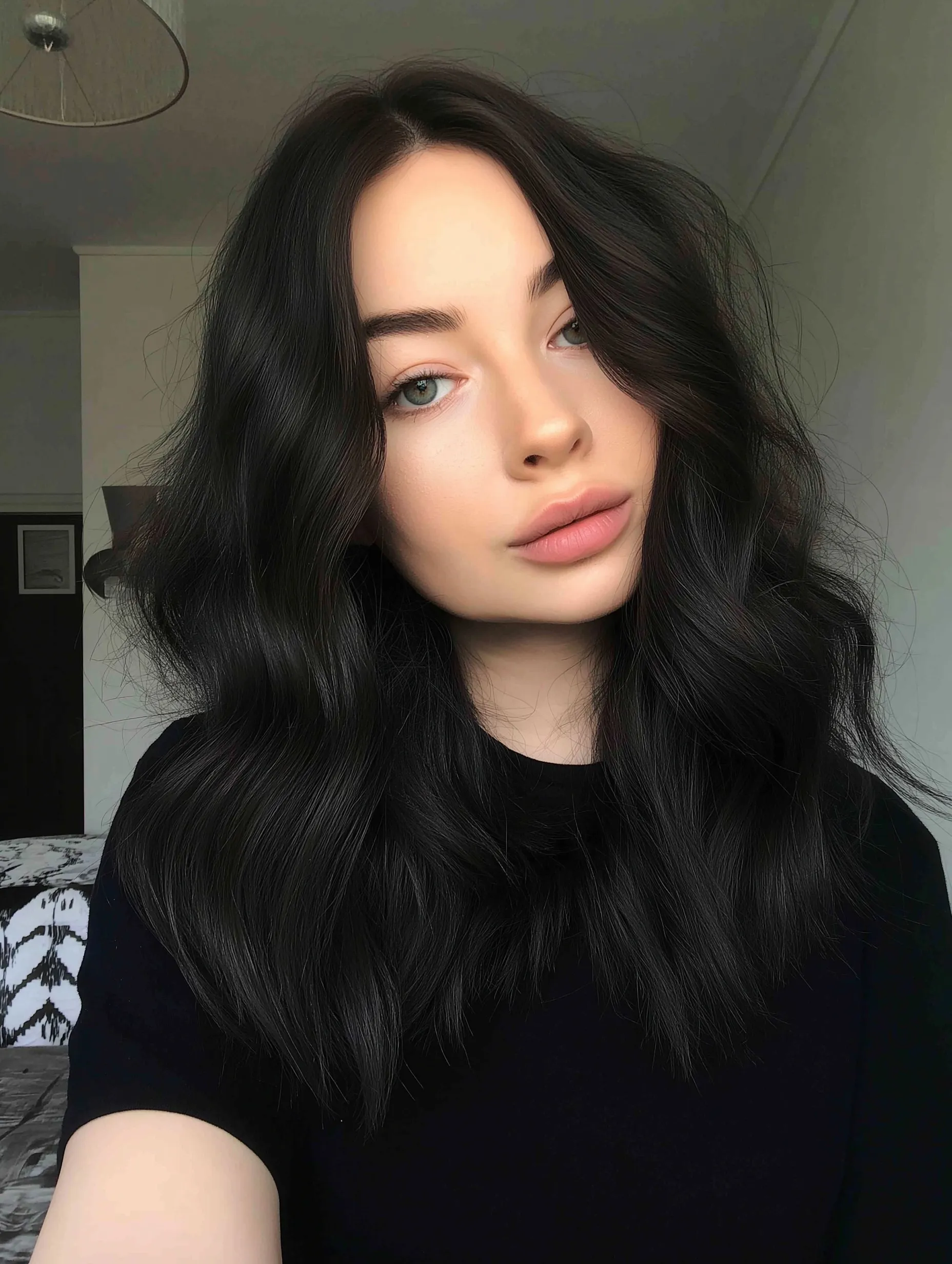 A woman with a realistic mid-length wavy black hairstyle, featuring blended volume and a messy center part.