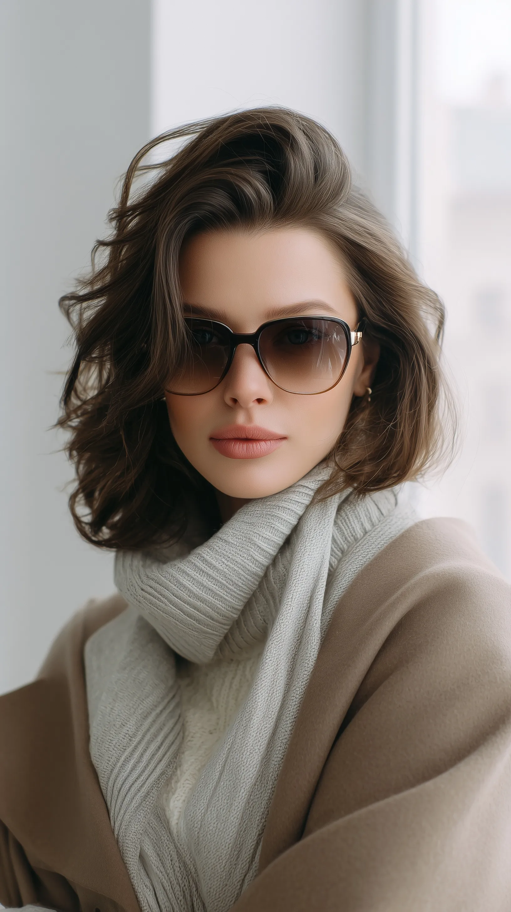 A stylish blonde woman with mid-length wavy hair wearing luxury sunglasses and winter fashion in a snowy city.
