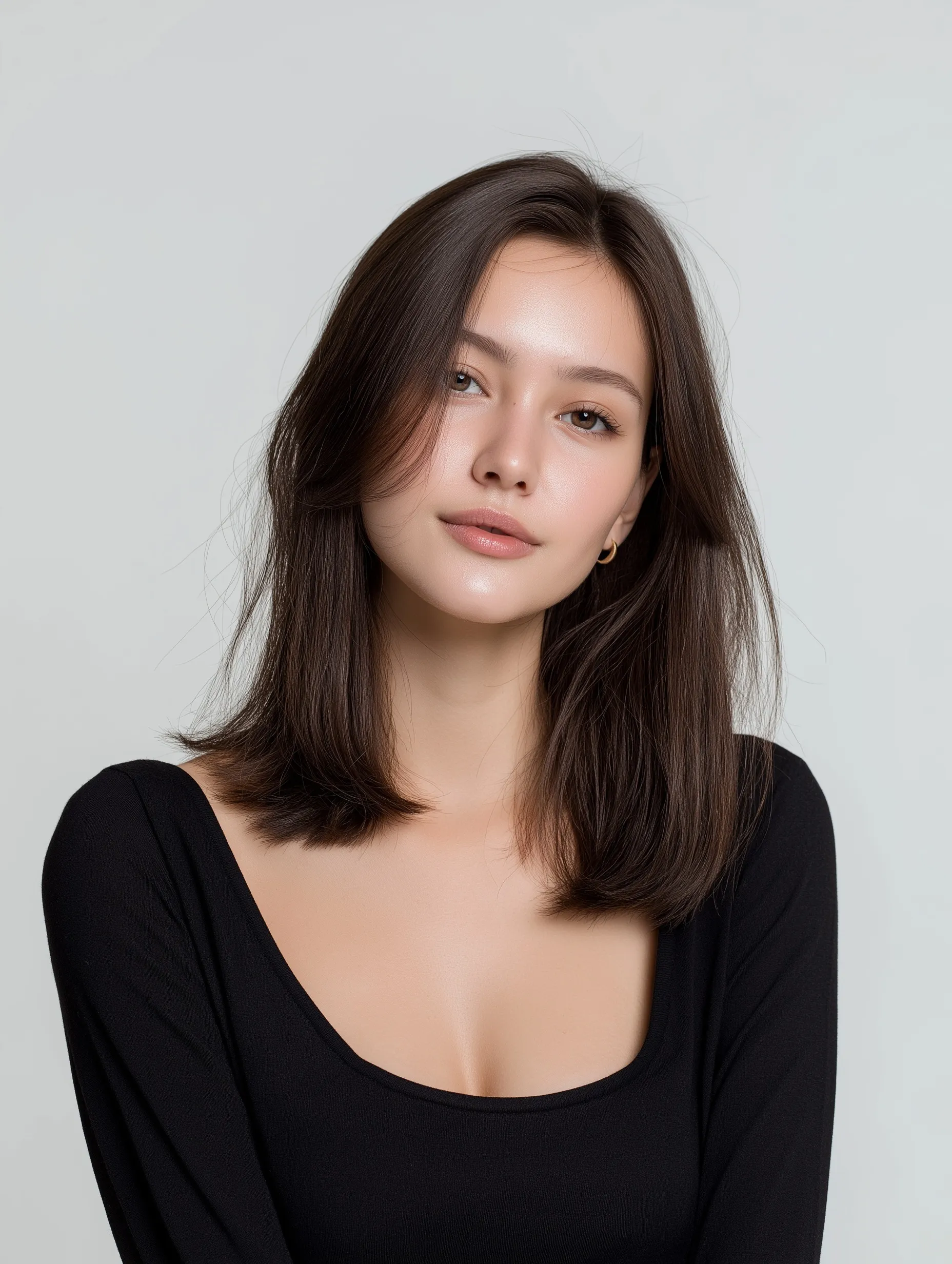 Portrait of a young Kazakh woman with a sleek mid-length bob hairstyle and natural makeup against a white background.