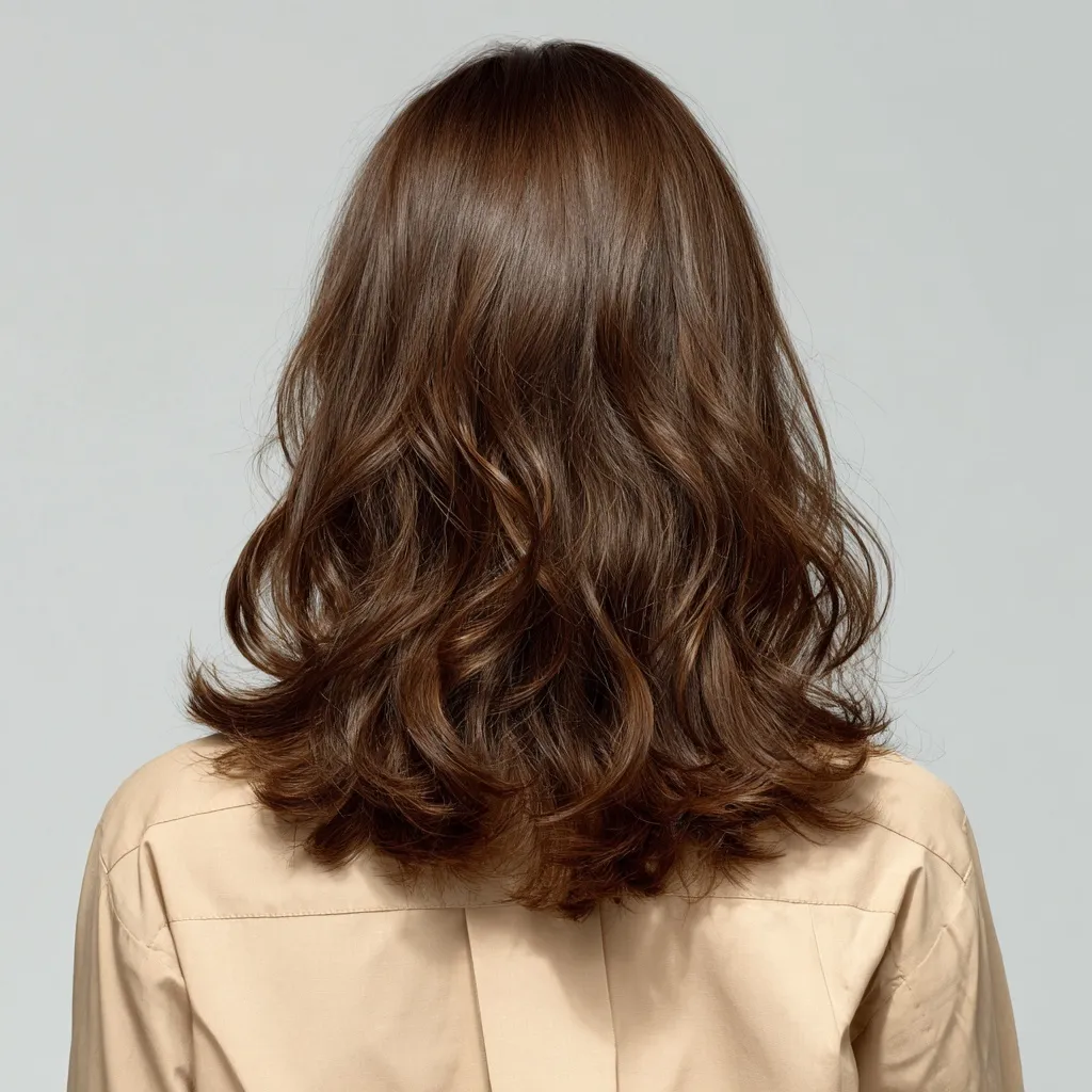 Rear three-quarter view of a Japanese woman with glossy, medium-length curly hair in translucent beige.