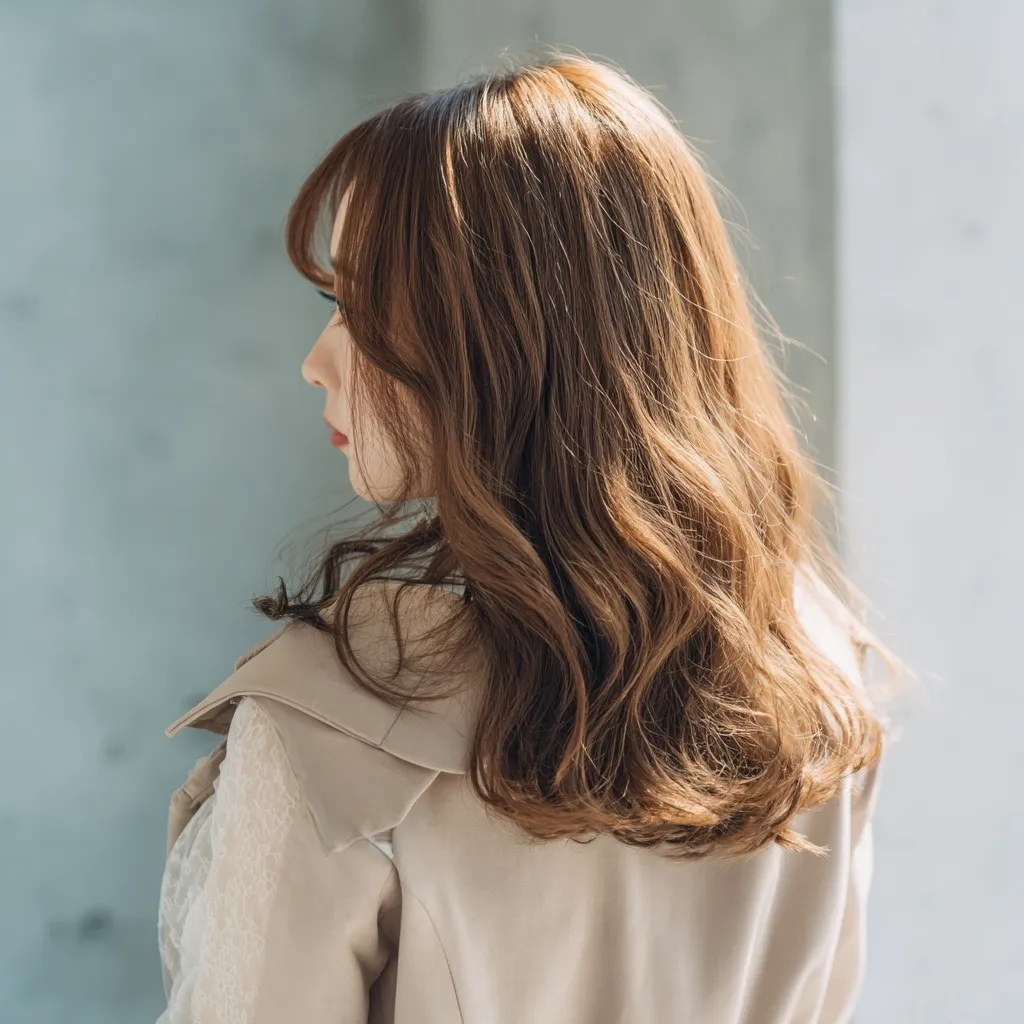 Hazel beige mid-length hairstyle on a teenage model in a sunlit beauty salon with a minimalist aesthetic.
