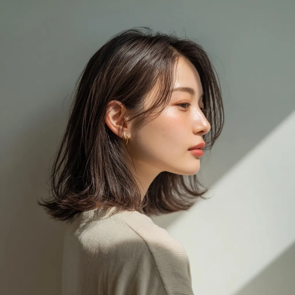 A young Japanese woman with a trendy, medium-length Korean-style collarbone haircut and natural soft styling.