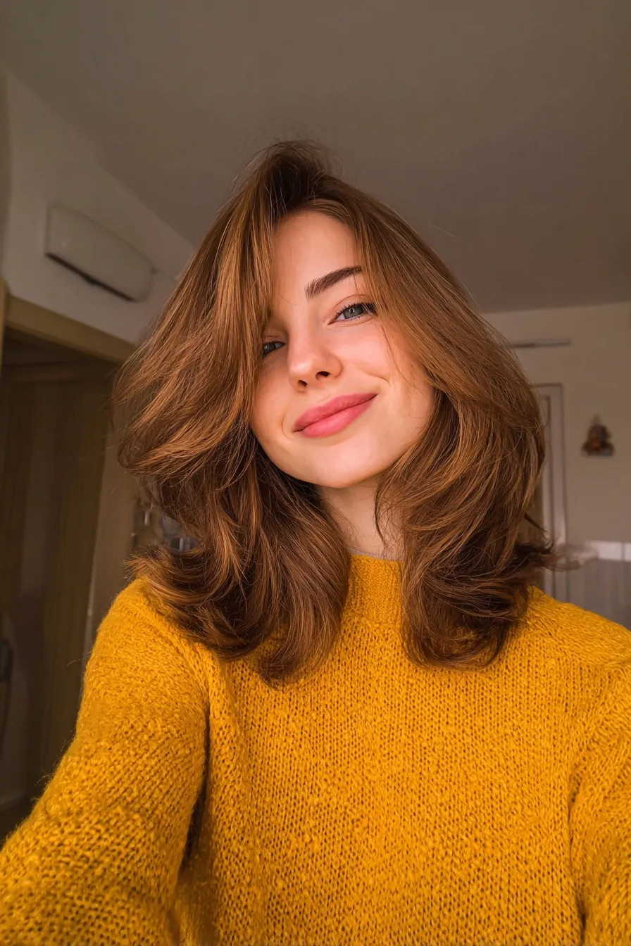 A happy woman with a voluminous honey brown blowout hairstyle for fine hair, wearing a sweater in a bathroom selfie.