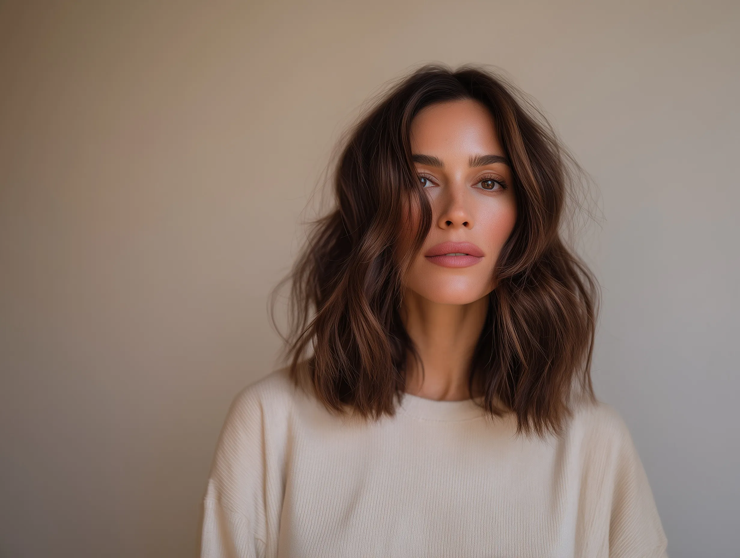Woman with shoulder-length wavy hair and a natural blowout standing on a city street, elegant lifestyle beauty shot.