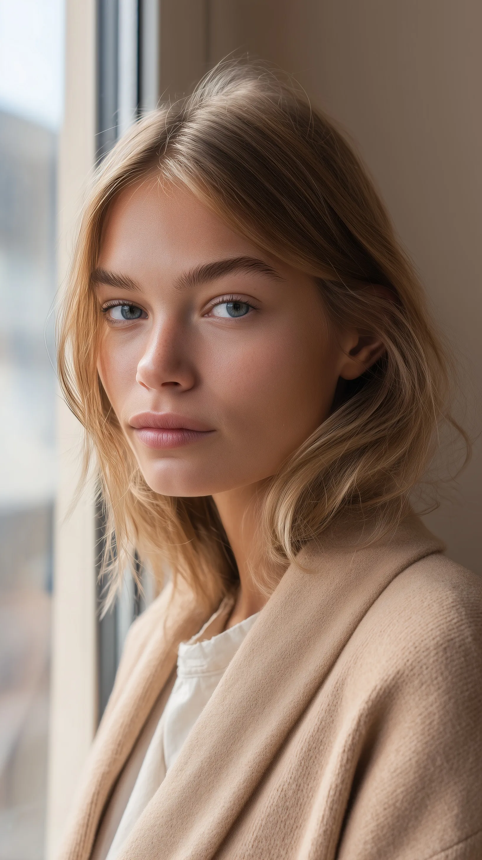 Casual iPhone portrait of a young woman with natural blonde mid-length hair and realistic features near a window.