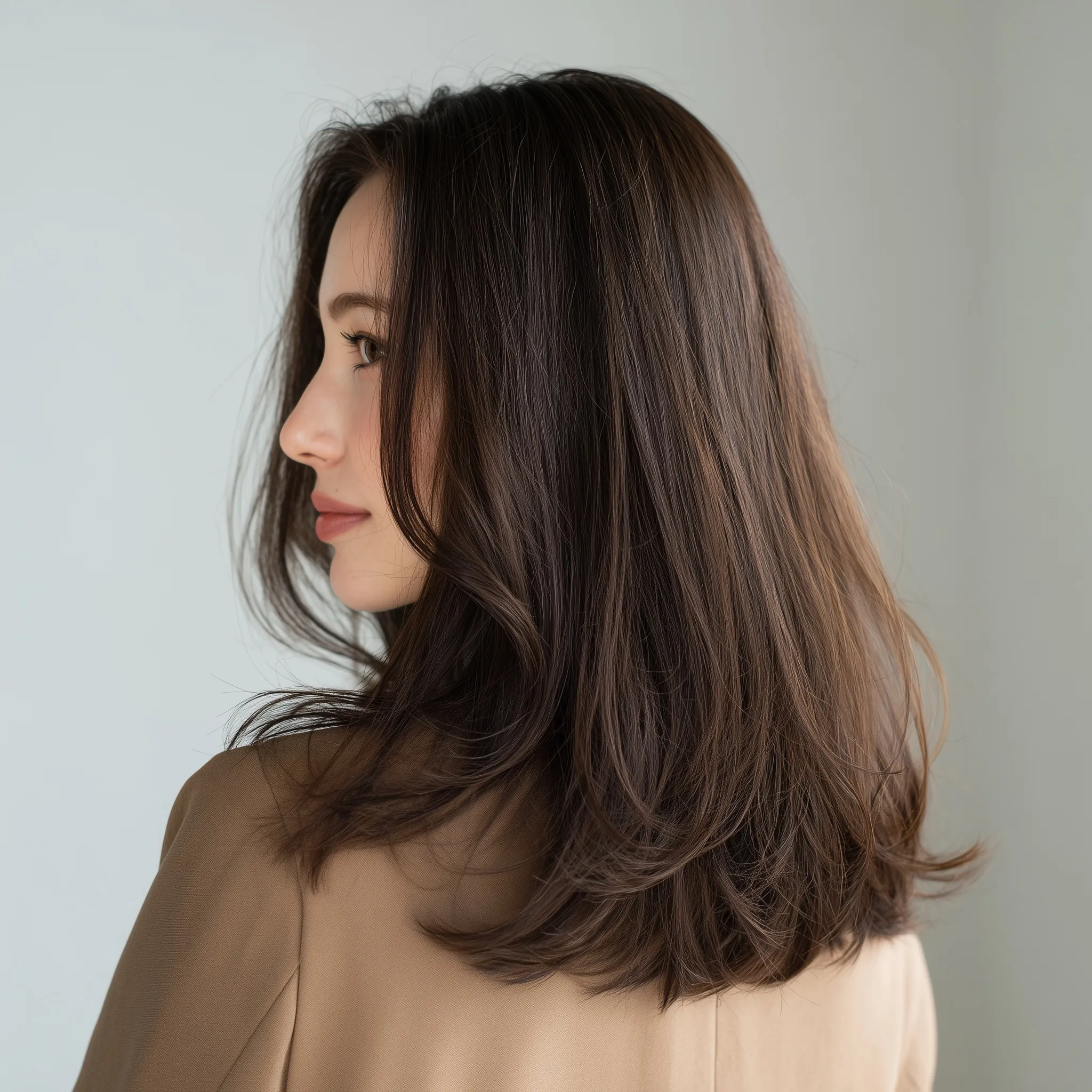 A Japanese woman with healthy, mid-length dark beige brown hair featuring a smooth, glossy, and frizz-free texture.