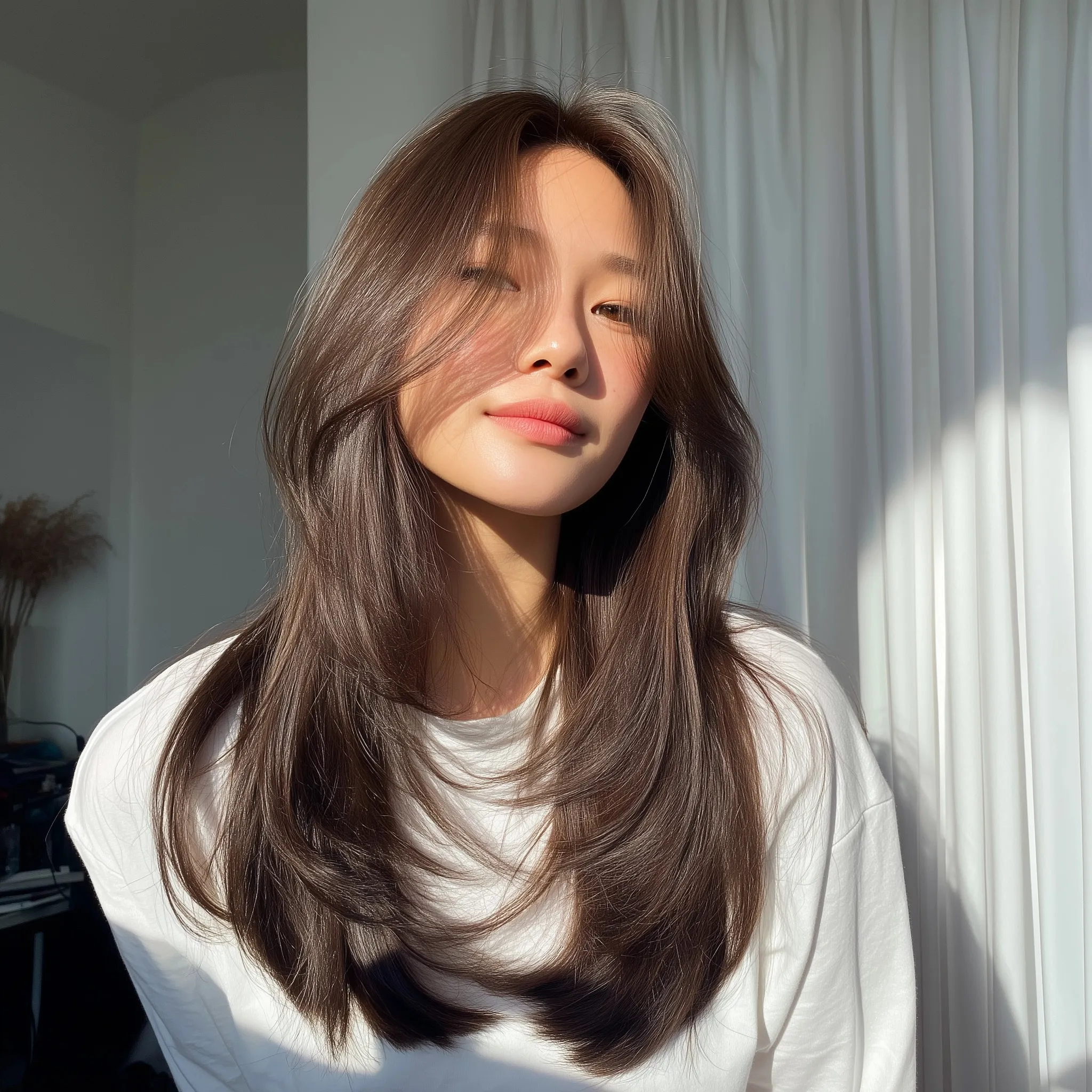 Korean woman with ash khaki brown mid-length layered hair and soft C-curl perm posing in a sunlit white room.