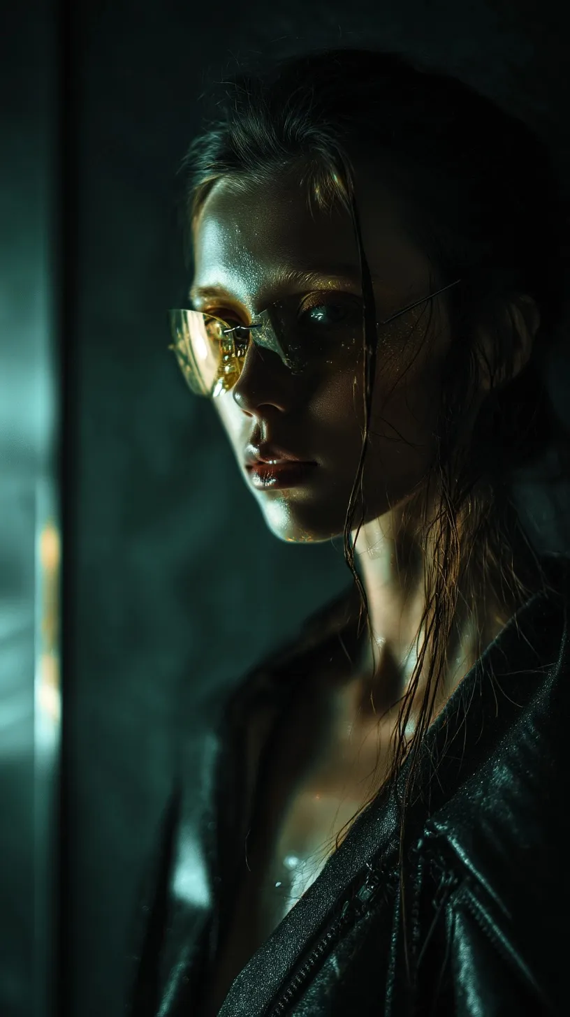 A futuristic model portrait featuring intense chiaroscuro lighting, high dynamic range, and dramatic shadows.