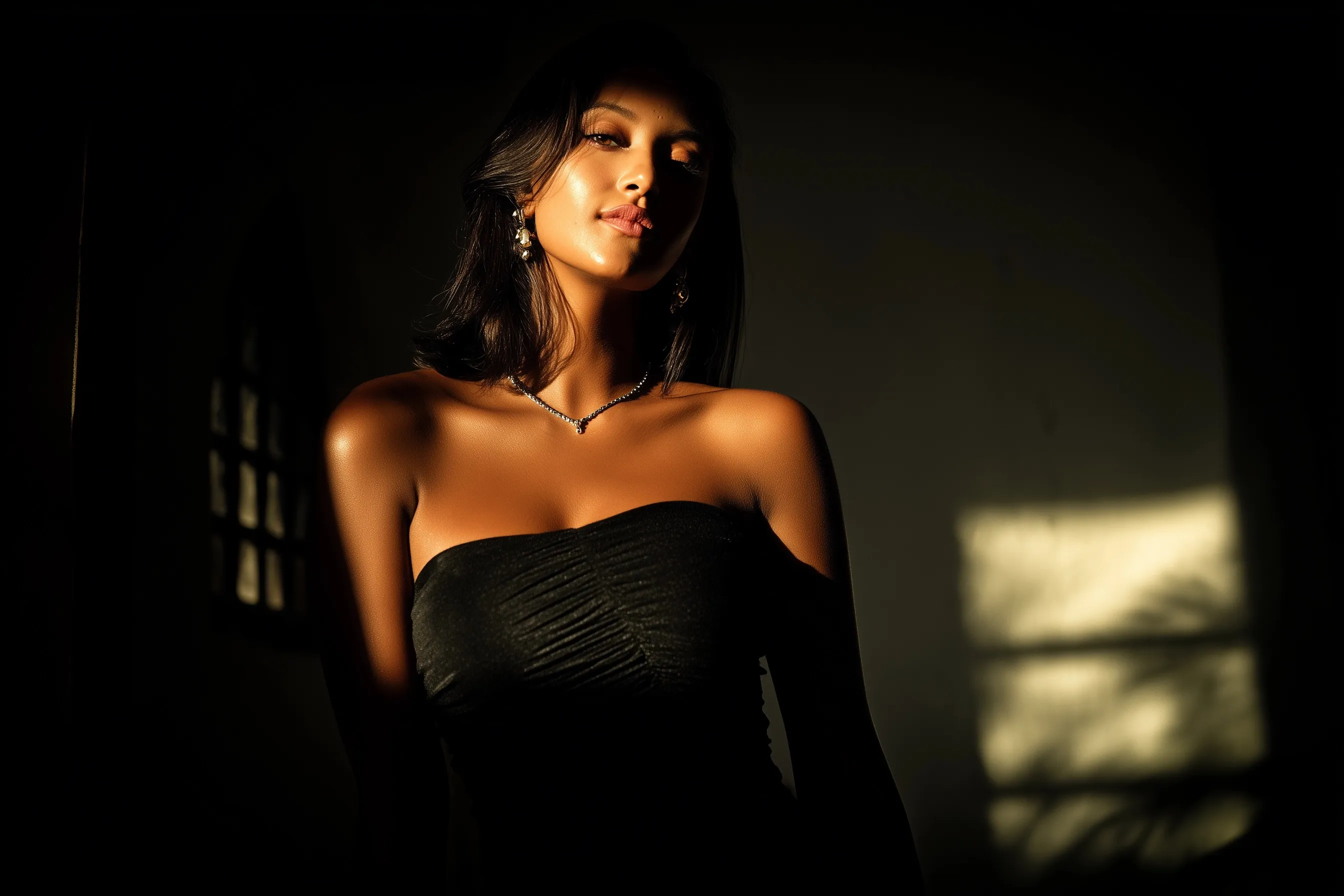 Indian woman in a strapless dress posing in soft chiaroscuro window light for a cinematic portrait.