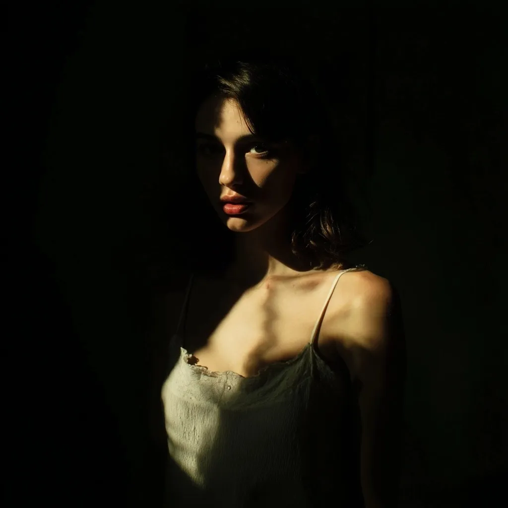A cinematic portrait of a woman captured in dramatic chiaroscuro lighting with deep shadows and soft highlights.