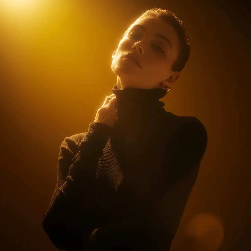 Professional fashion model with chiaroscuro lighting, golden contours, and cinematic sepia tones.