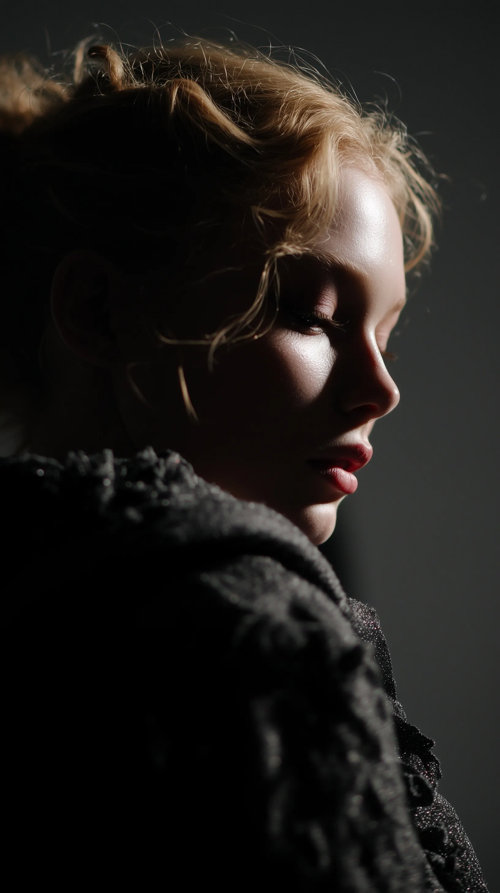 Professional model in a high fashion editorial photoshoot using dramatic chiaroscuro lighting techniques.