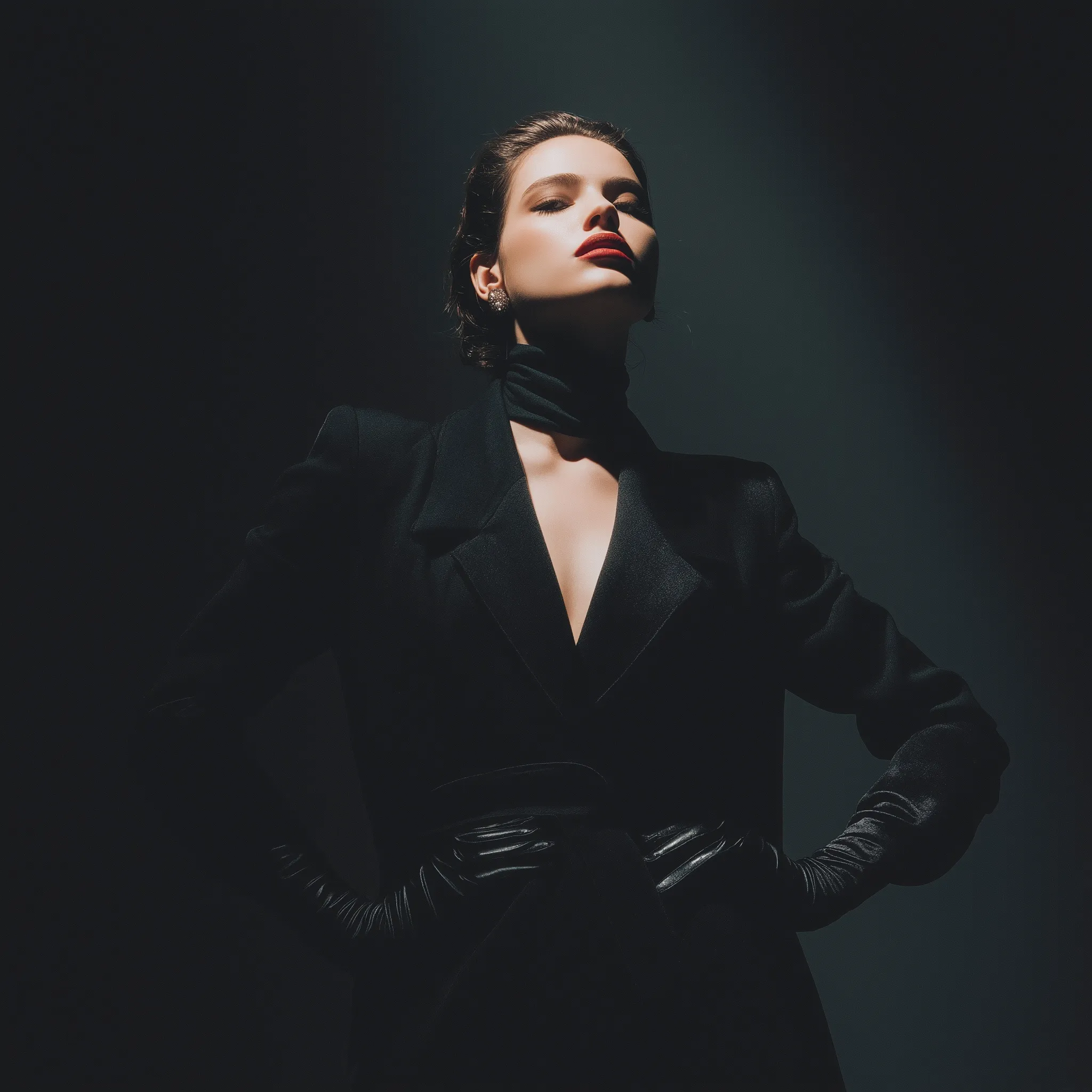 Elegant woman in a black outfit and gloves posing with dramatic chiaroscuro cinematic lighting.