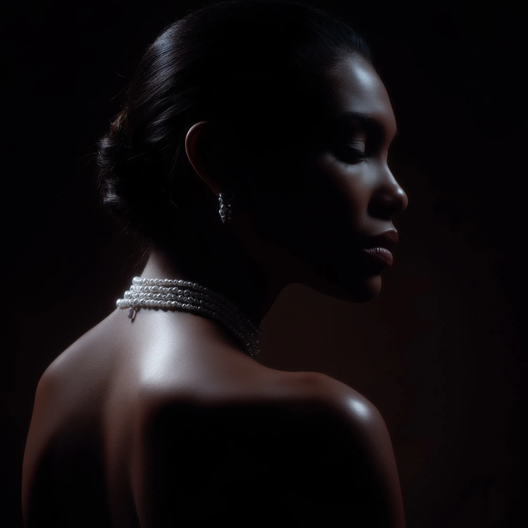 Portrait of a mixed-race Caribbean woman with natural makeup and pearl necklace, cinematic chiaroscuro lighting.