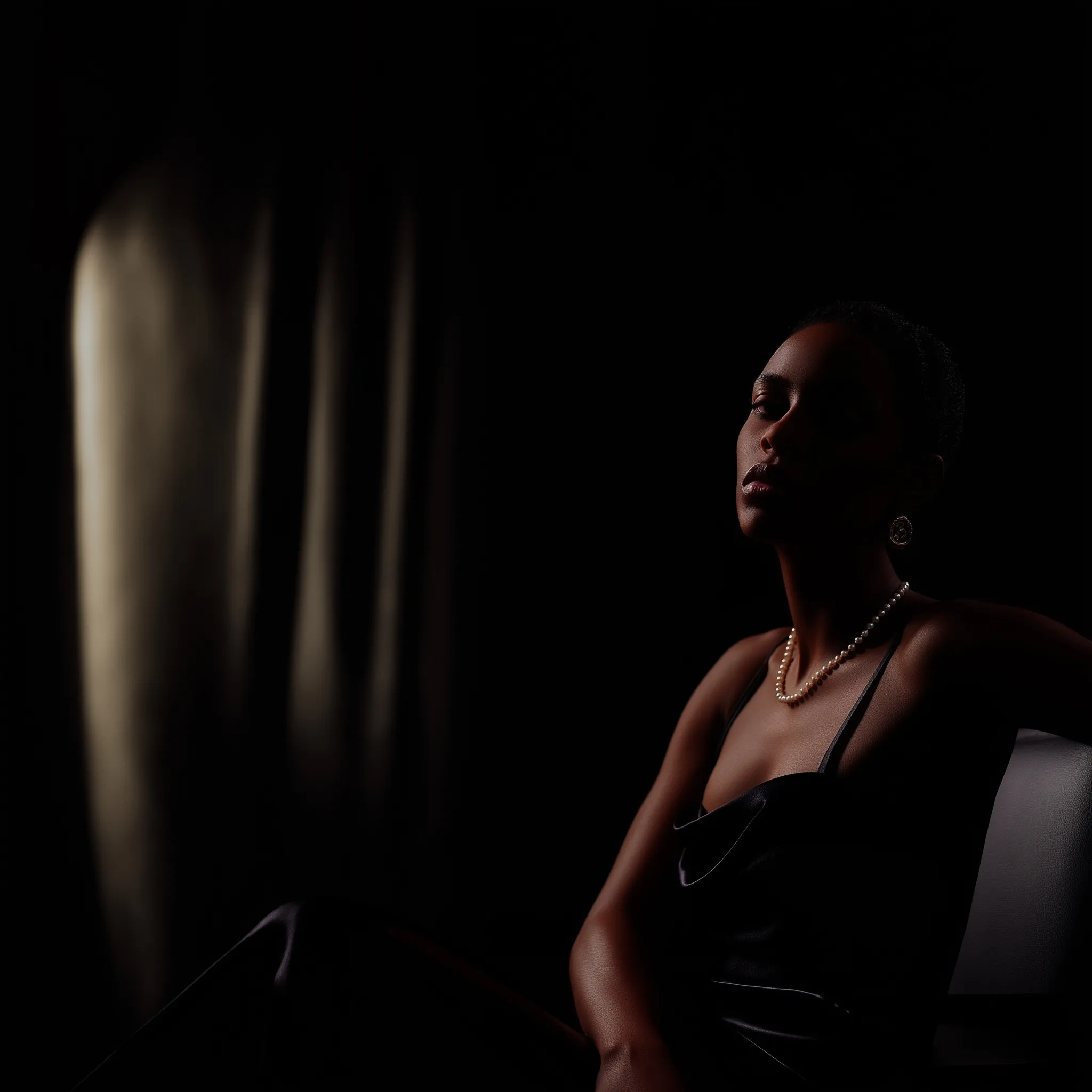Portrait of a Caribbean woman in a black satin dress, illuminated by dramatic chiaroscuro rim lighting.