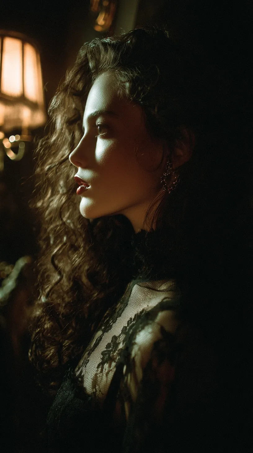 A mysterious woman in black lace with dramatic chiaroscuro lighting in a dark, baroque-inspired setting.