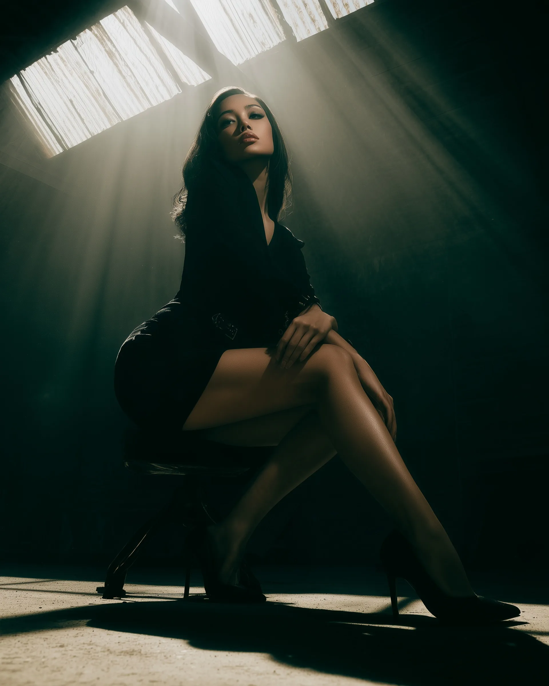 A full-body vintage queen model in a black dress posing under dramatic skylight chiaroscuro studio lighting.