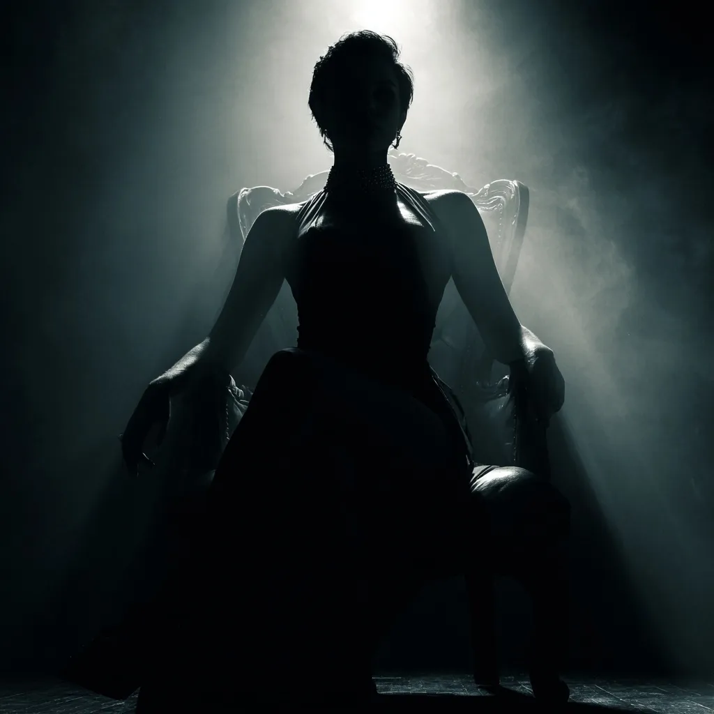 A powerful woman sitting on a throne in dramatic chiaroscuro silhouette lighting.