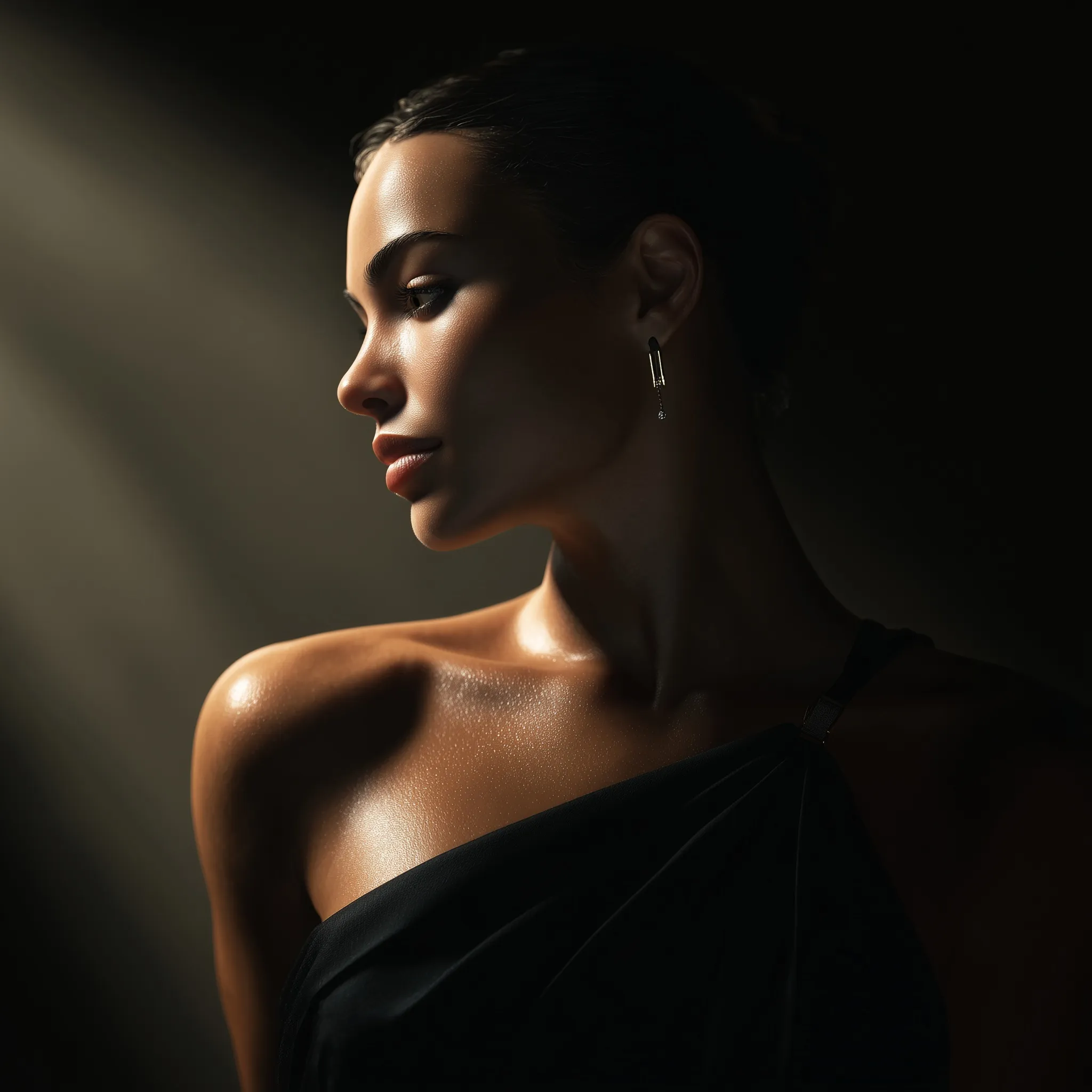 A hyper-realistic close-up portrait of a woman with bronze skin, featuring cinematic chiaroscuro ear lighting.
