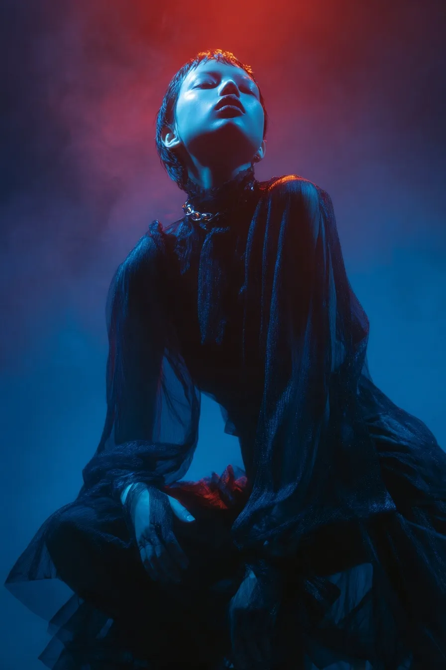 Model in a dark navy chiffon gown dancing, cinematic chiaroscuro lighting, gothic fashion editorial style.