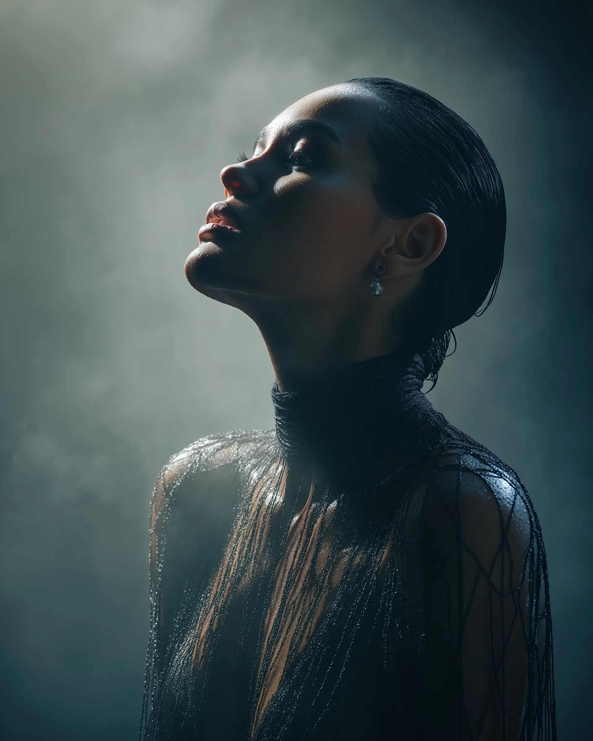 Elegant woman with slicked-back hair in chiaroscuro lighting, dramatic shadows, and ethereal mist.