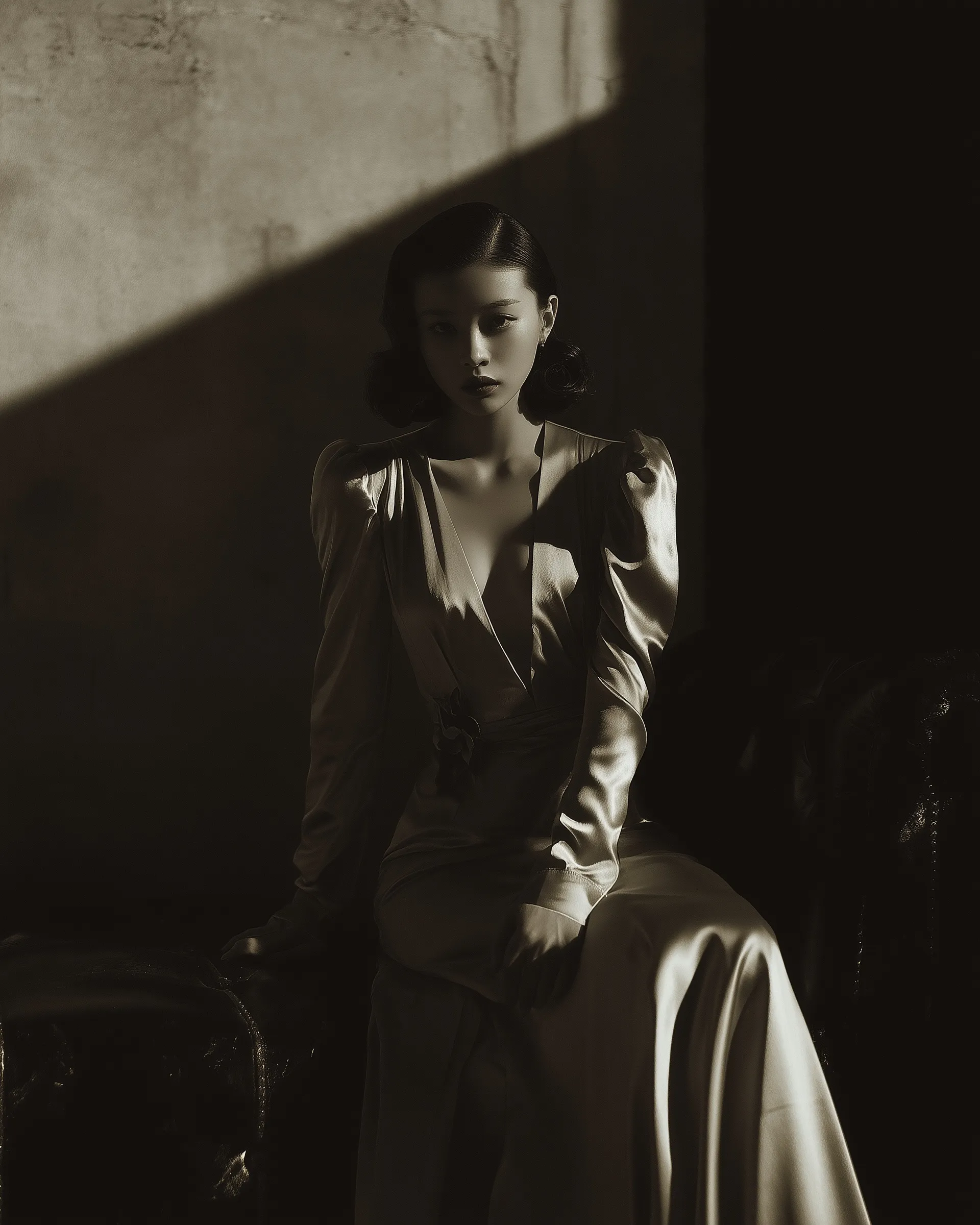 A model in a 1940s satin gown featuring vintage chiaroscuro lighting, sepia tones, and cinematic film grain.