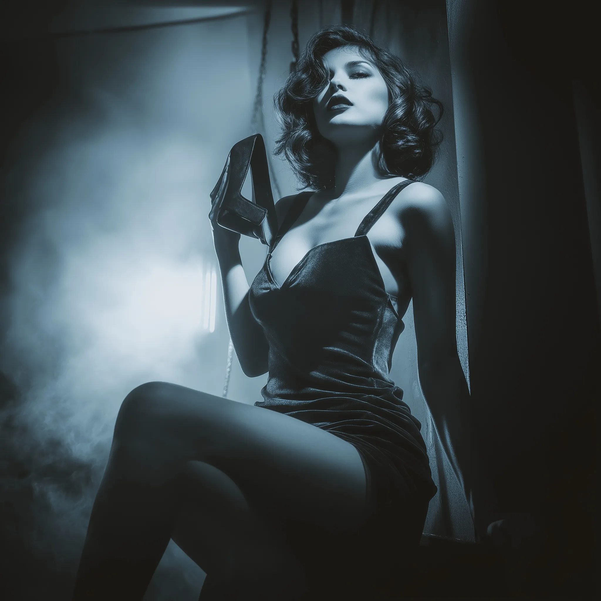 Brunette model in velvet mini dress posing in cinematic chiaroscuro lighting, holding heels in noir fashion style.
