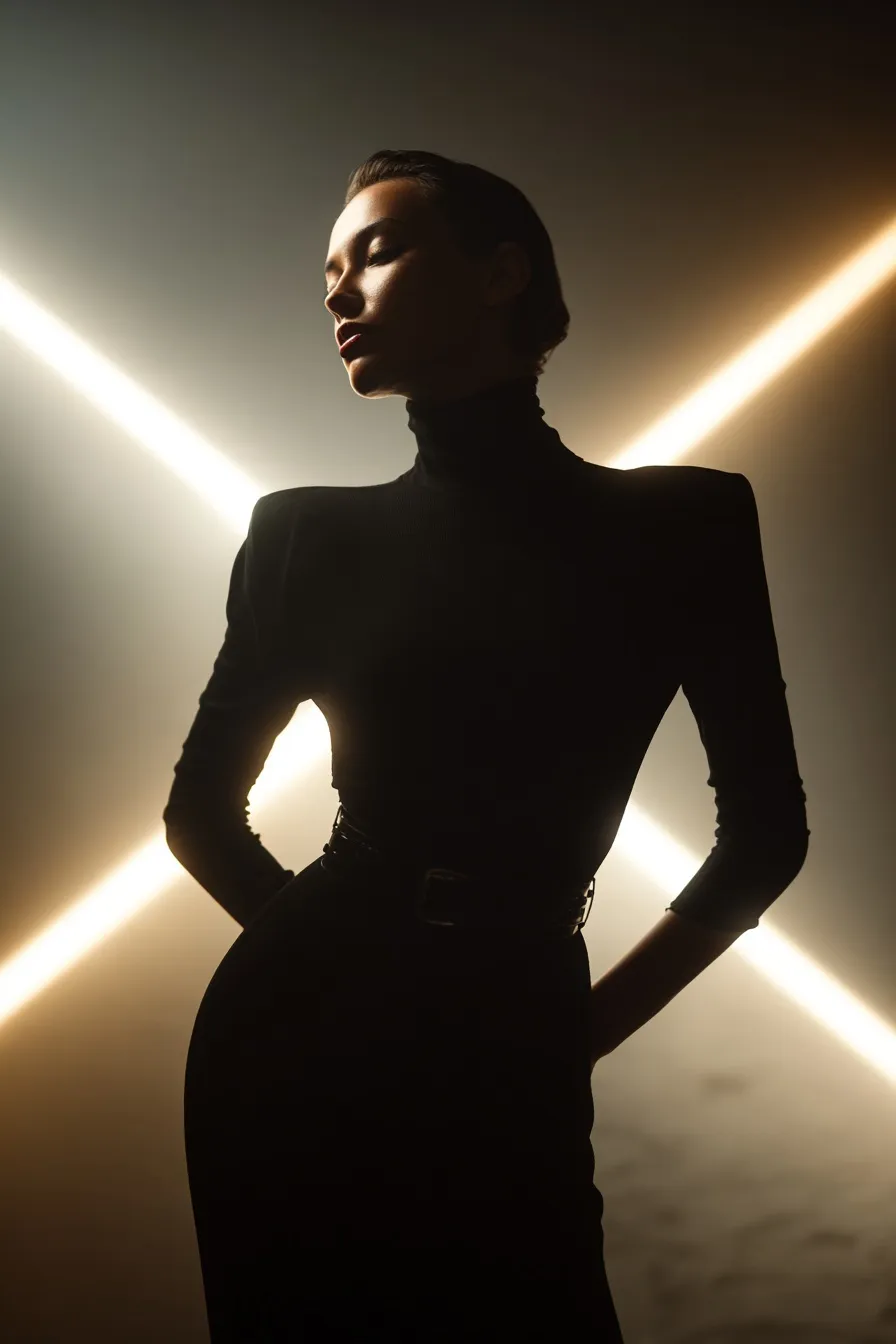 Confident fashion model in a sleek black dress posing with dramatic chiaroscuro studio lighting.