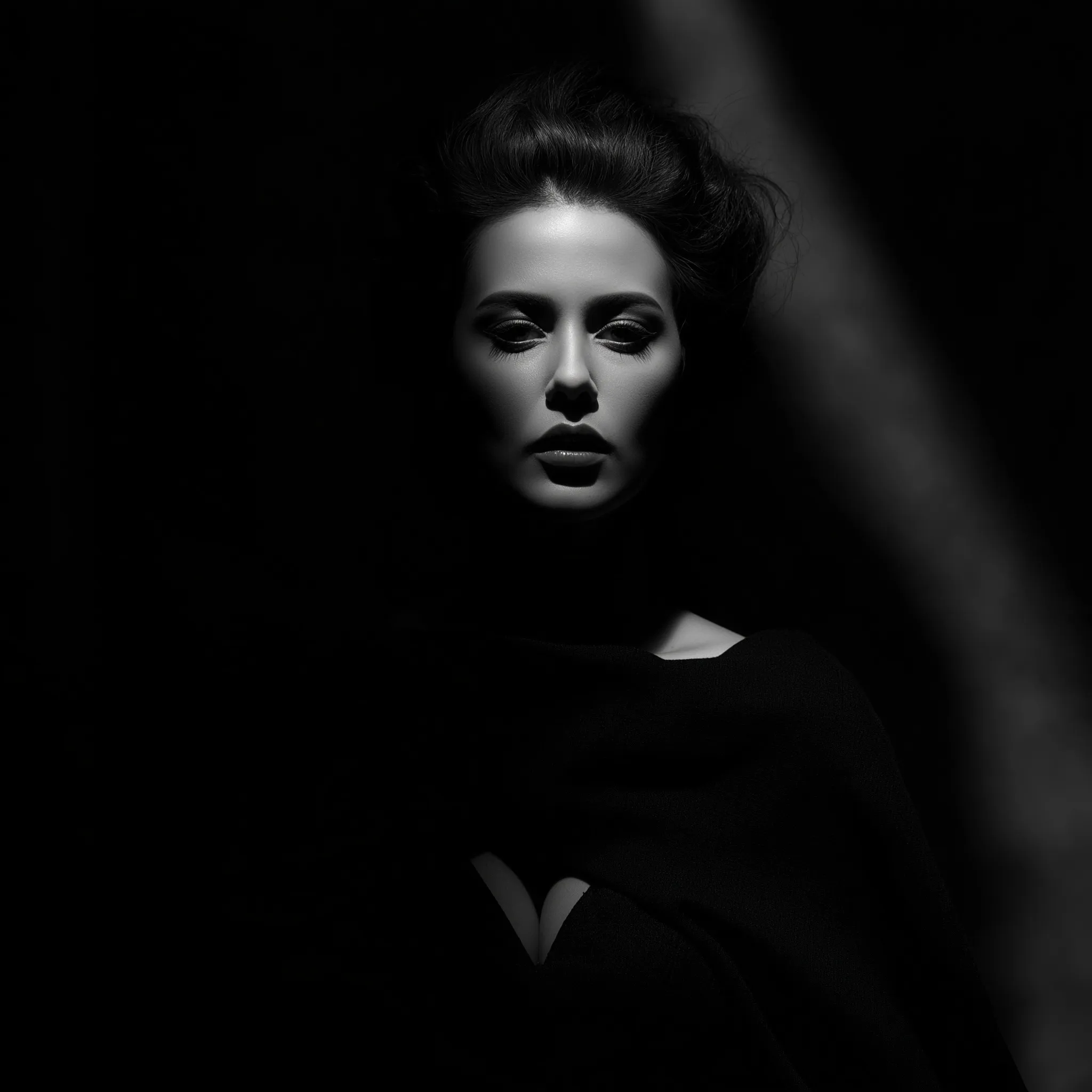Enigmatic woman captured in dramatic chiaroscuro lighting with deep shadows in high-definition black and white.