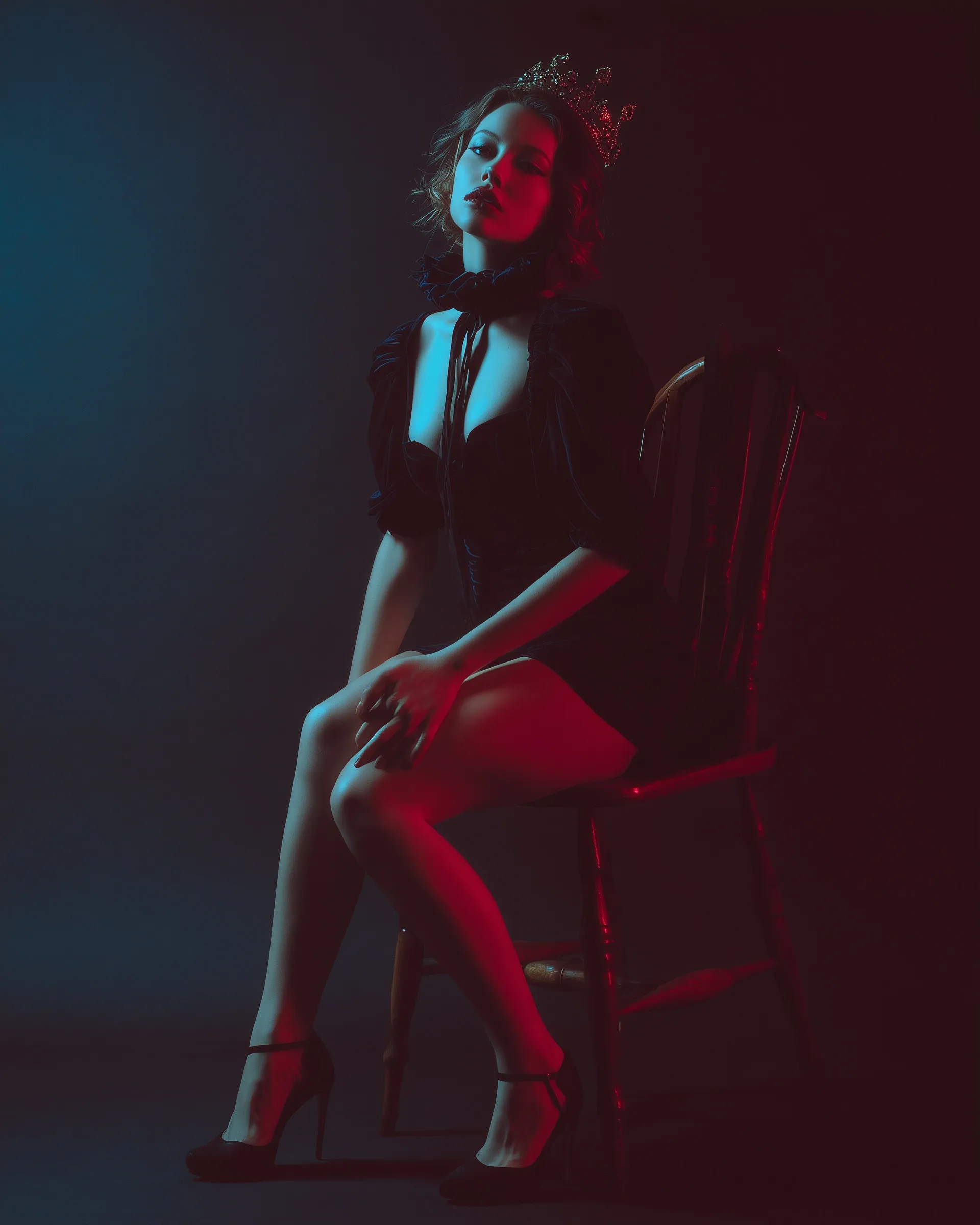 A model in a black gothic corseted dress and crown sits on a wooden chair with red and blue chiaroscuro lighting.