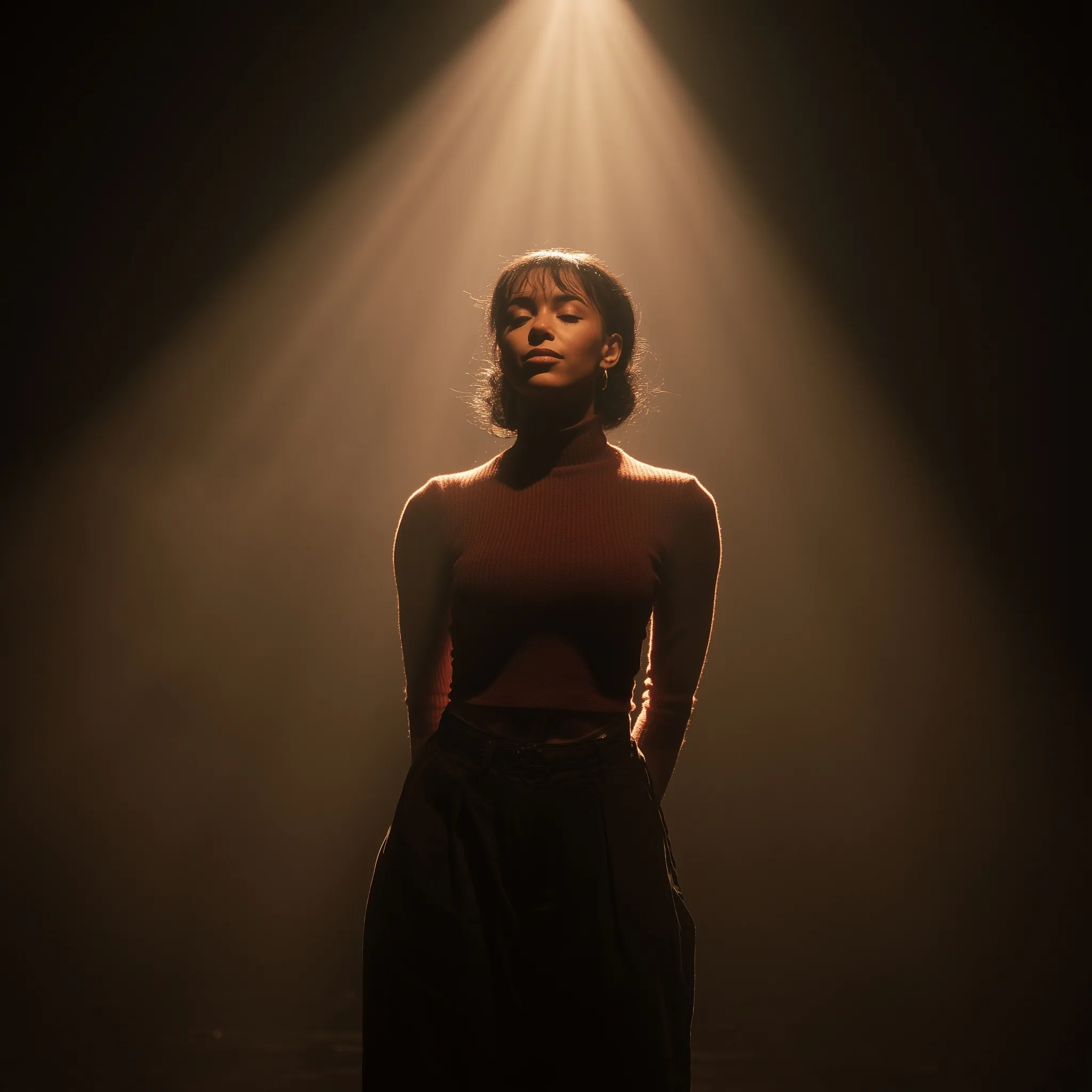 A powerful full-body portrait of a woman in chiaroscuro lighting against a dark background.