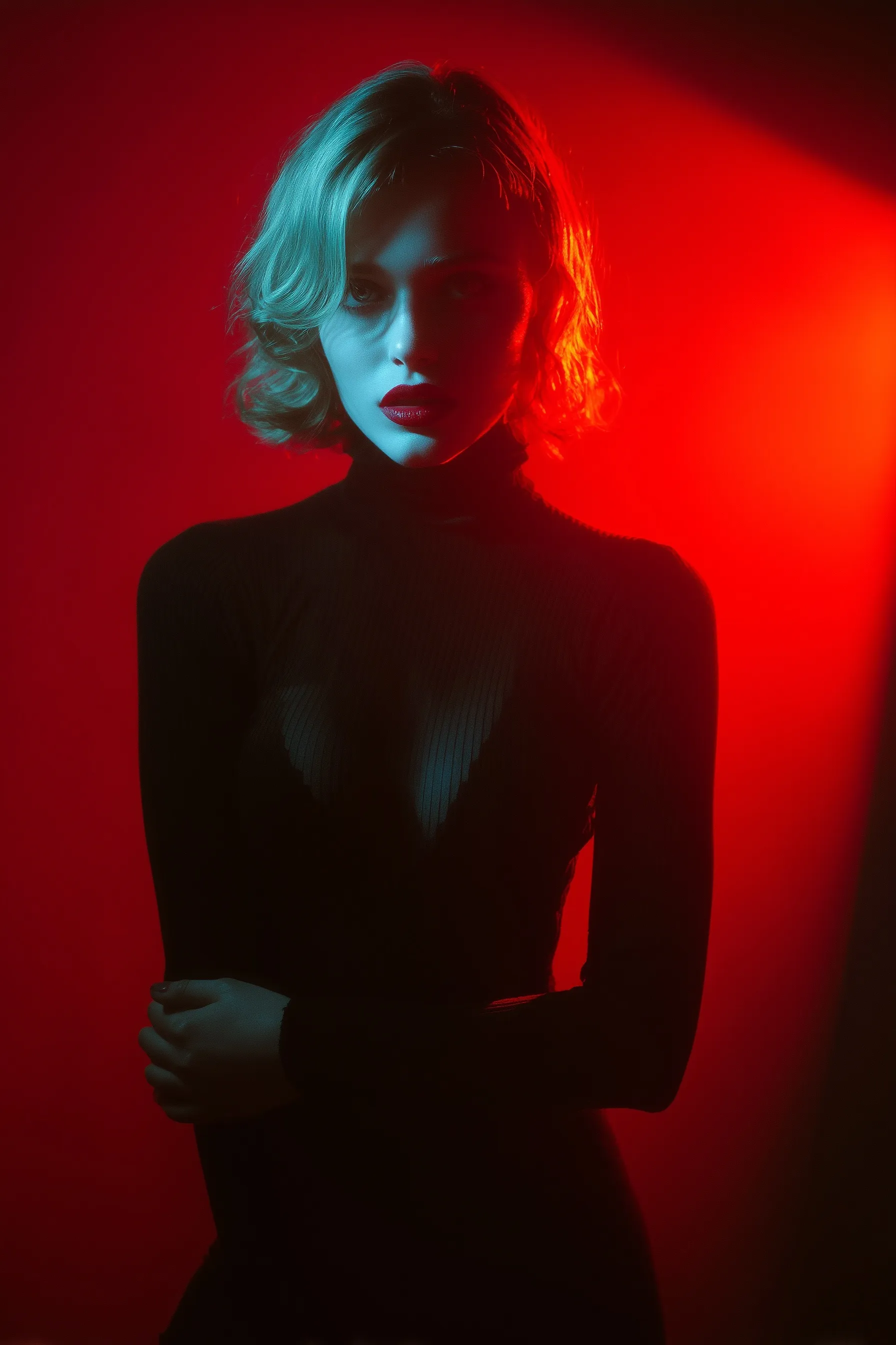 A minimalistic woman in her 30s posed in dramatic chiaroscuro lighting with a neon-noir aesthetic.