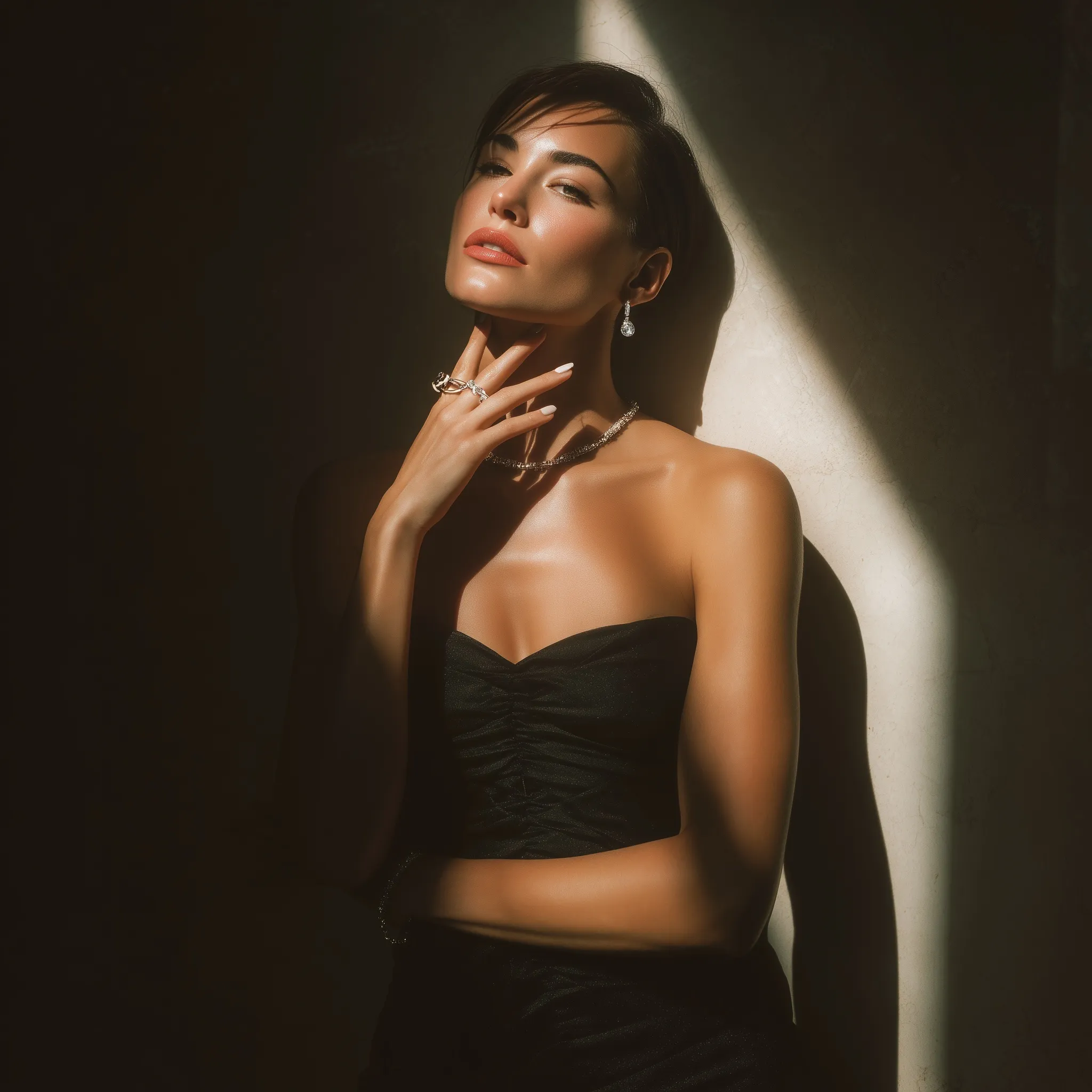 A model in an elegant dress posing in dramatic chiaroscuro lighting with a focus on her manicured hand and jewelry.