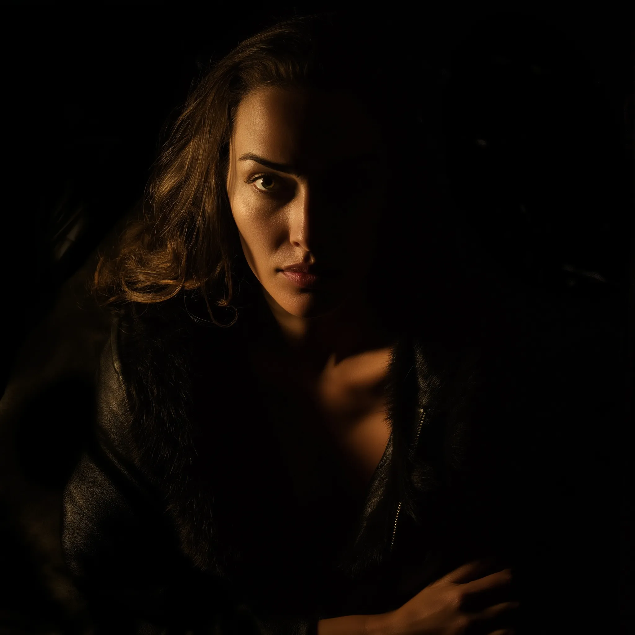Seductive woman in a moody chiaroscuro lighting setup with dramatic shadows and cinematic atmosphere.